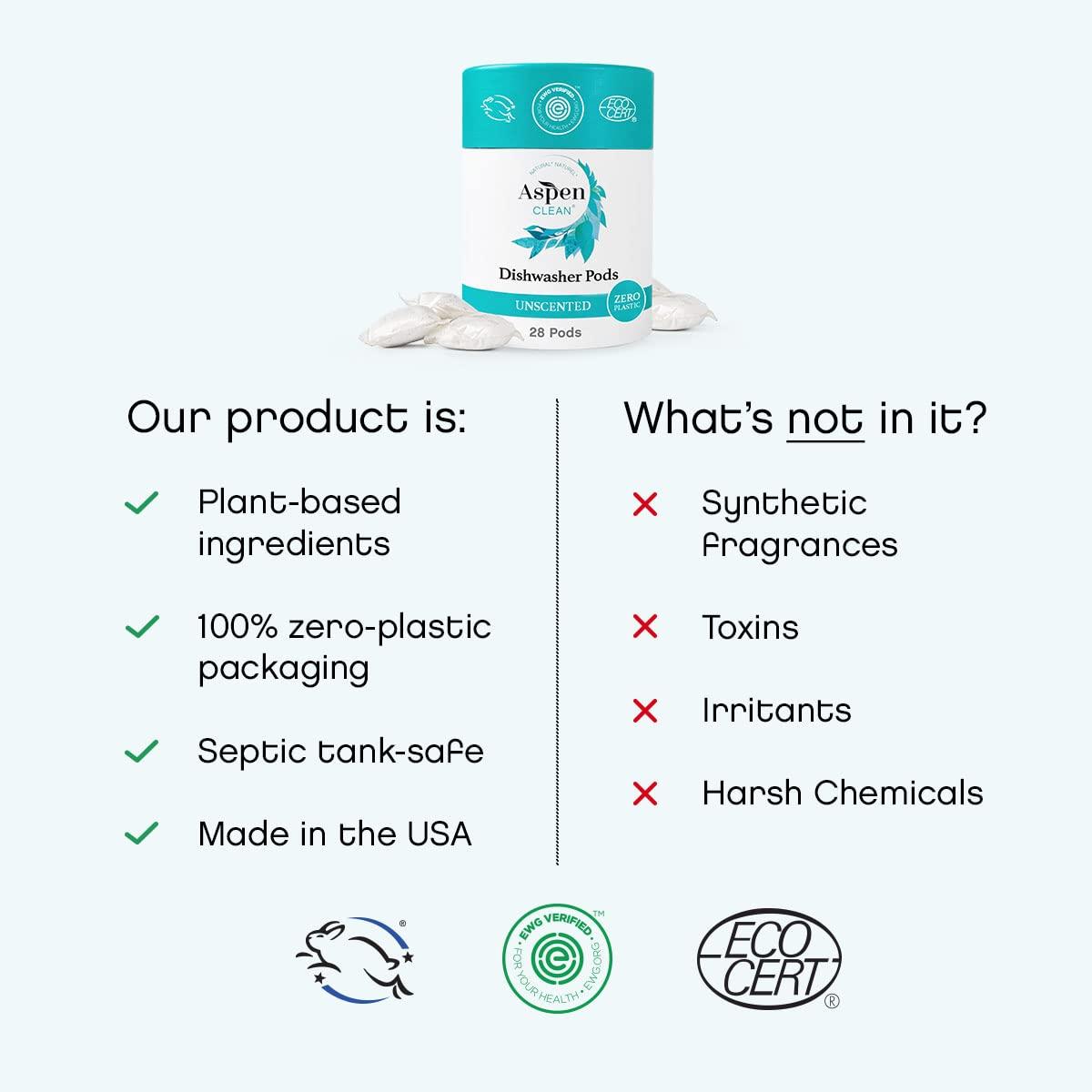 AspenClean Unscented Dishwasher Pods by AspenClean, Dye-Free, Zero Plastic, EWG Verified, Vegan, Eco-Friendly, Natural Dishwasher Detergent - 28 Count