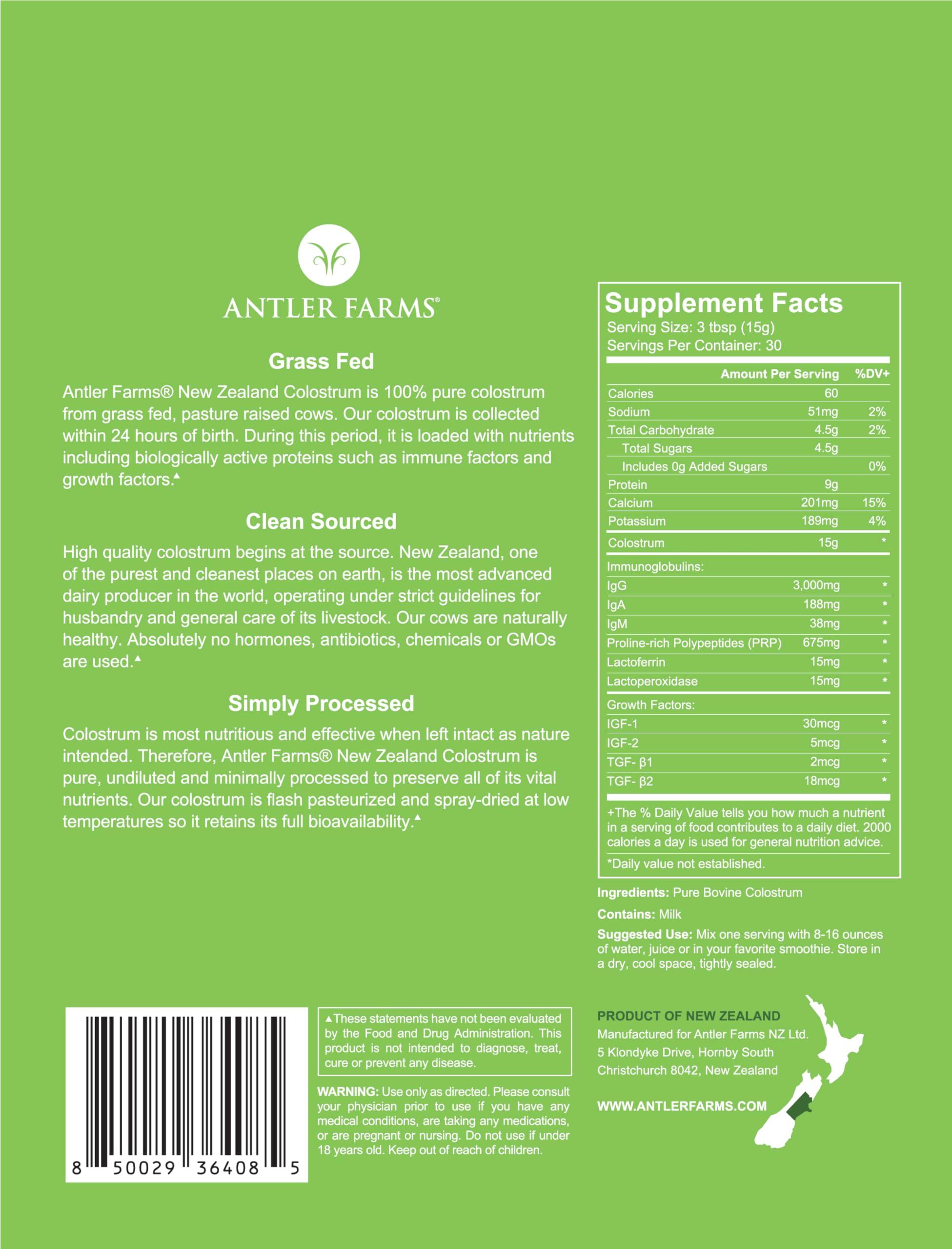 Antler Farms Antler Farms 100% Pure New Zealand Colostrum, 30 Servings, 1 lb - Grass Fed, Pasture Raised, Clean Sourced, Cold Processed, Undiluted, High IgG Content