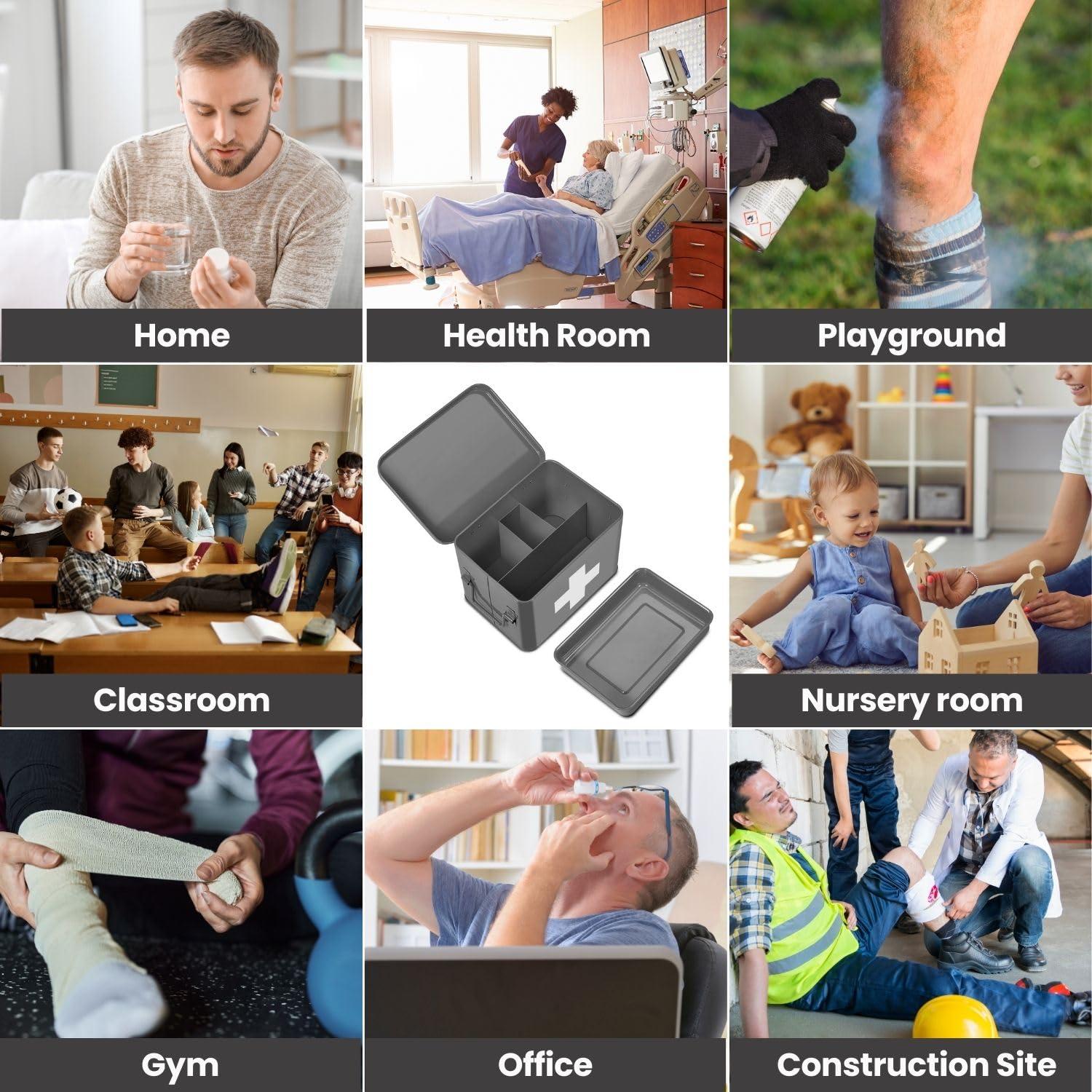 Flexzion Flexzion First Aid Box Organizer, Empty 8.5 Inch Gray Vintage First Aid Kit Tin Metal Medical Box First Aid Storage Box Container Bins with Dividers, Removable Tray and Cross Logo