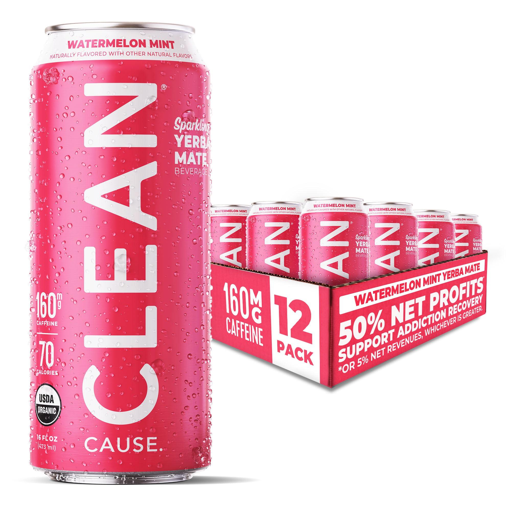 CLEAN CAUSE. CLEAN Cause Low Calorie Watermelon Mint Sparkling Yerba Mate Tea, 160mg Caffeine, Organic, Low Sugar, Healthy Alternative to Energy Drinks (16oz cans, 12-Pack Case)