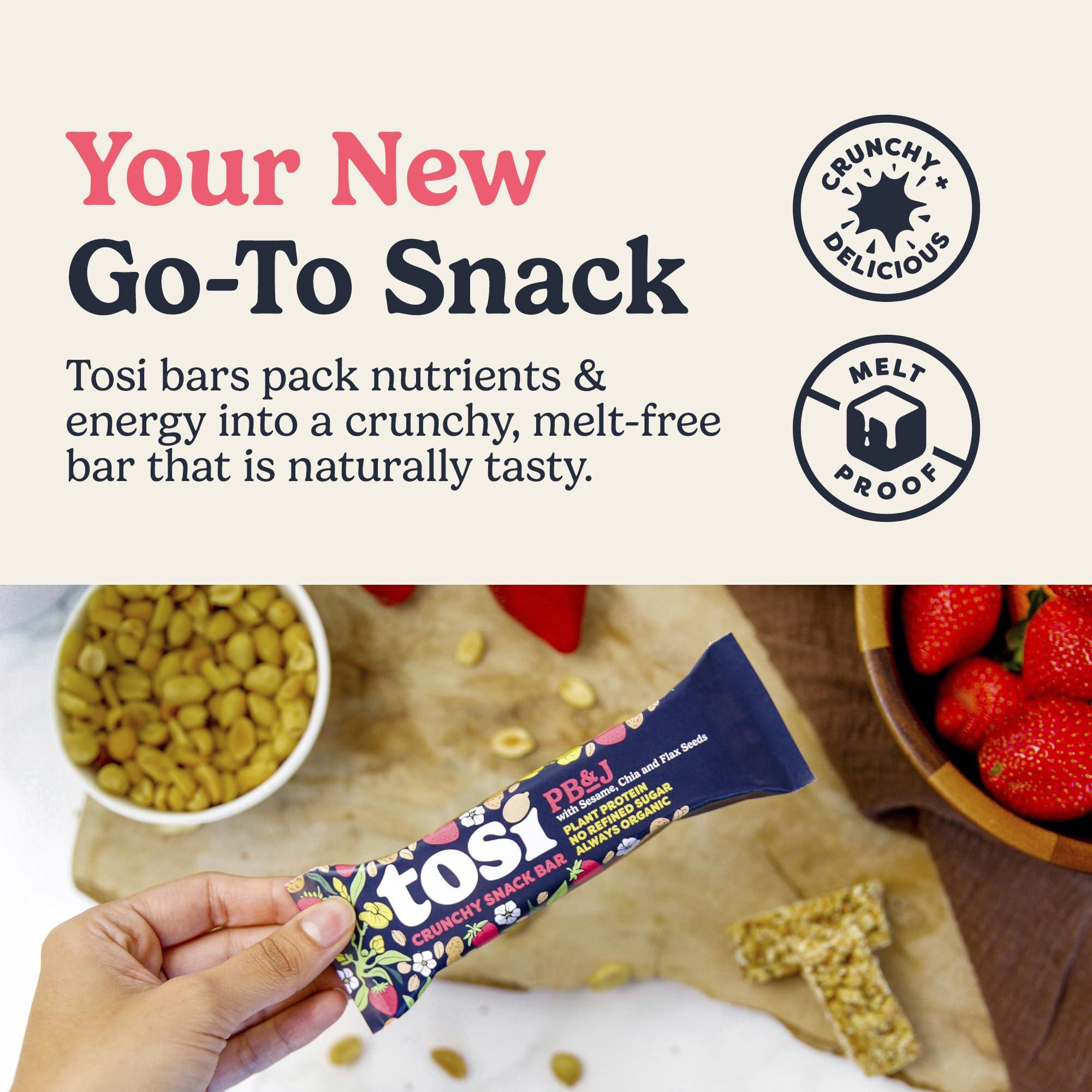 Tosi Tosi Peanut Butter & Jelly Protein Bars, Plant Based with Nuts, Gluten-Free Crunchy Snacks, Vegan, Organic, Flax & Chia Seeds, Soy-Free, Omega 3s, 7G Protein, 1 oz, 12-Pack