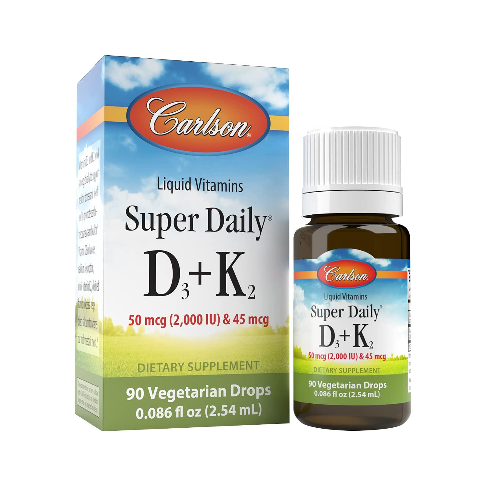 Carlson Carlson - Super Daily D3 + K2, 50 mcg D3 + 45 mcg MK-7, Heart & Bone Health, 90 Liquid Drops, 2.54 ml