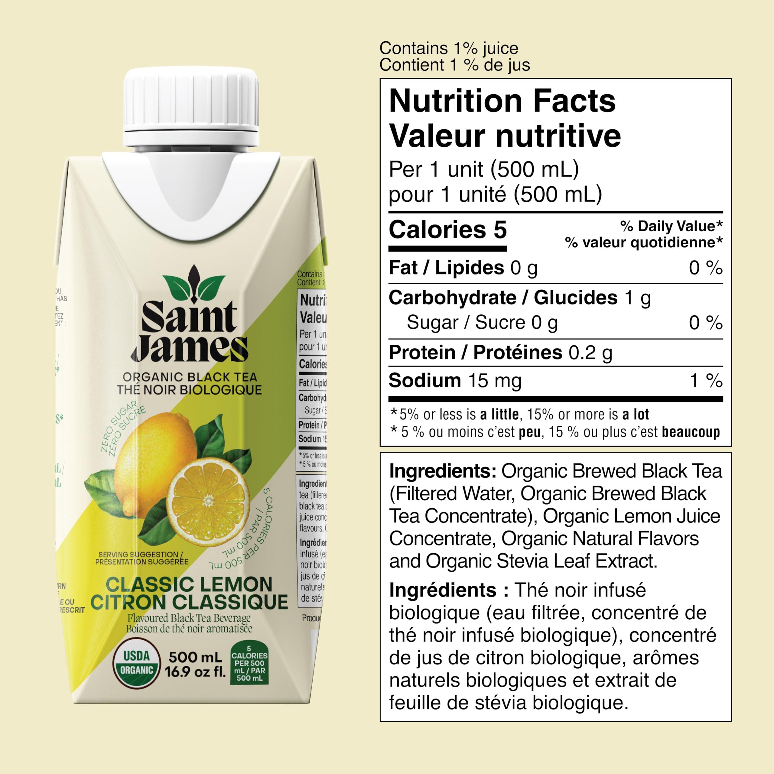 Saint James Brands Saint James Organic Black Tea, Classic Lemon, Zero Sugar, Kosher, USDA Certified Organic, 16.9 Fluid Ounce (Pack of 12)
