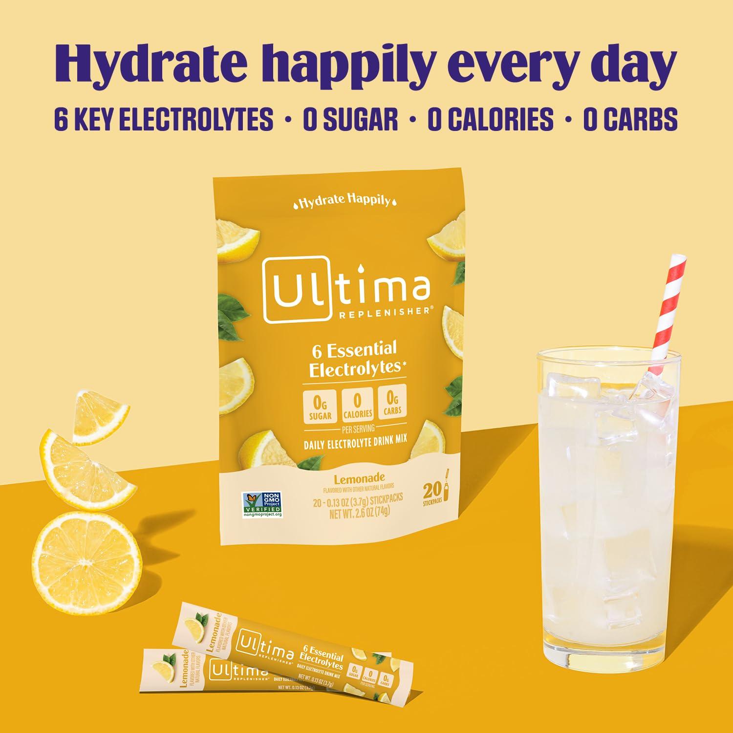 Ultima Replenisher Ultima Replenisher Electrolyte Powder Drink Mix Bundle  Lemonade and Pink Lemonade, 20 Stickpacks  6 Electrolytes and Minerals  Keto Friendly, Vegan, Non-GMO and Sugar-Free