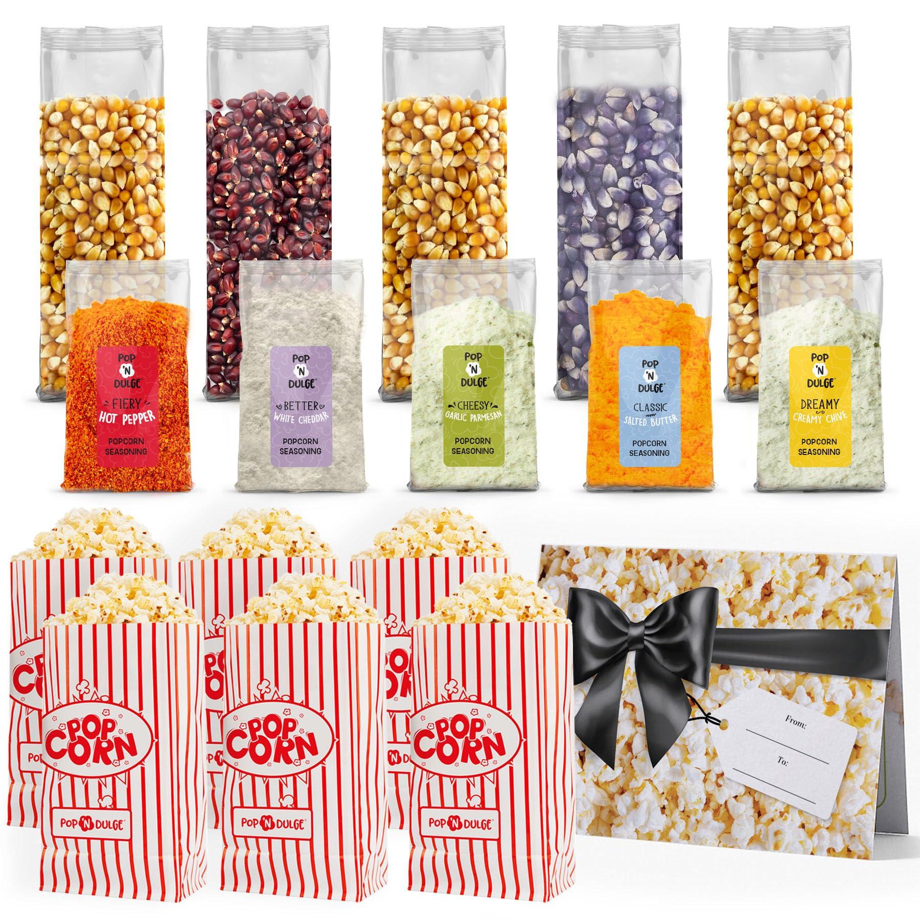 Pop n' Dulge Popcorn Movie Night Supplies Popcorn Kernels Popcorn Seasoning 16 Pack, 5 Gourmet Popcorn Kernels, 5 Popcorn Seasoning Variety Packs Non-GMO Snacks, Includes 6 Bags, Gift Basket Idea