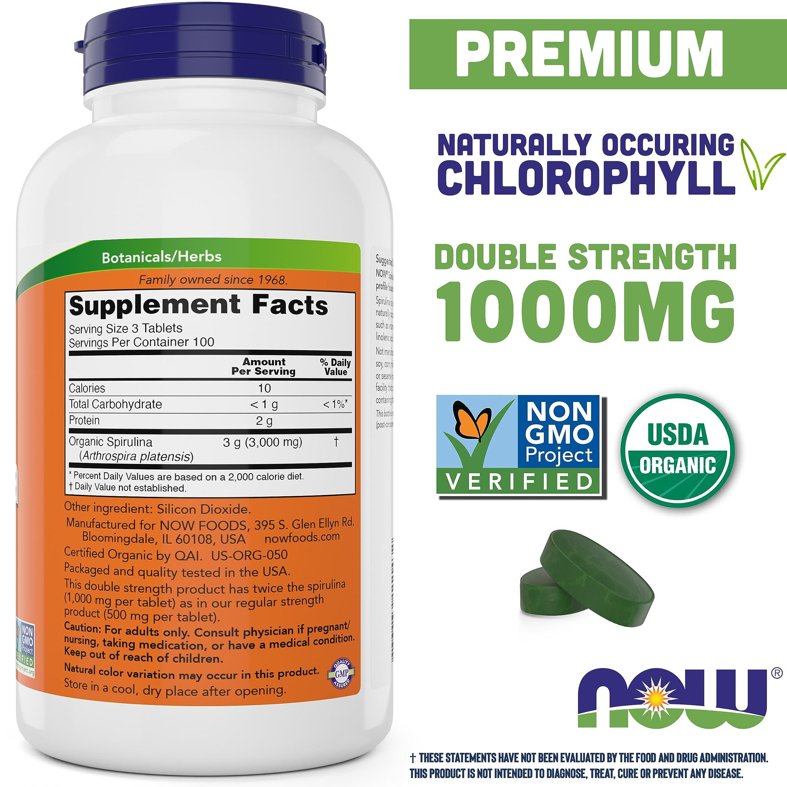 NOW NOW Foods Organic Spirulina 1000mg Tablets - 300 Count - Non-GMO, Super Green Whole Food Supplement - Double Strength 1000 mg - Naturally Occurring Beta-Carotene (VIT A), B-12 and GLA