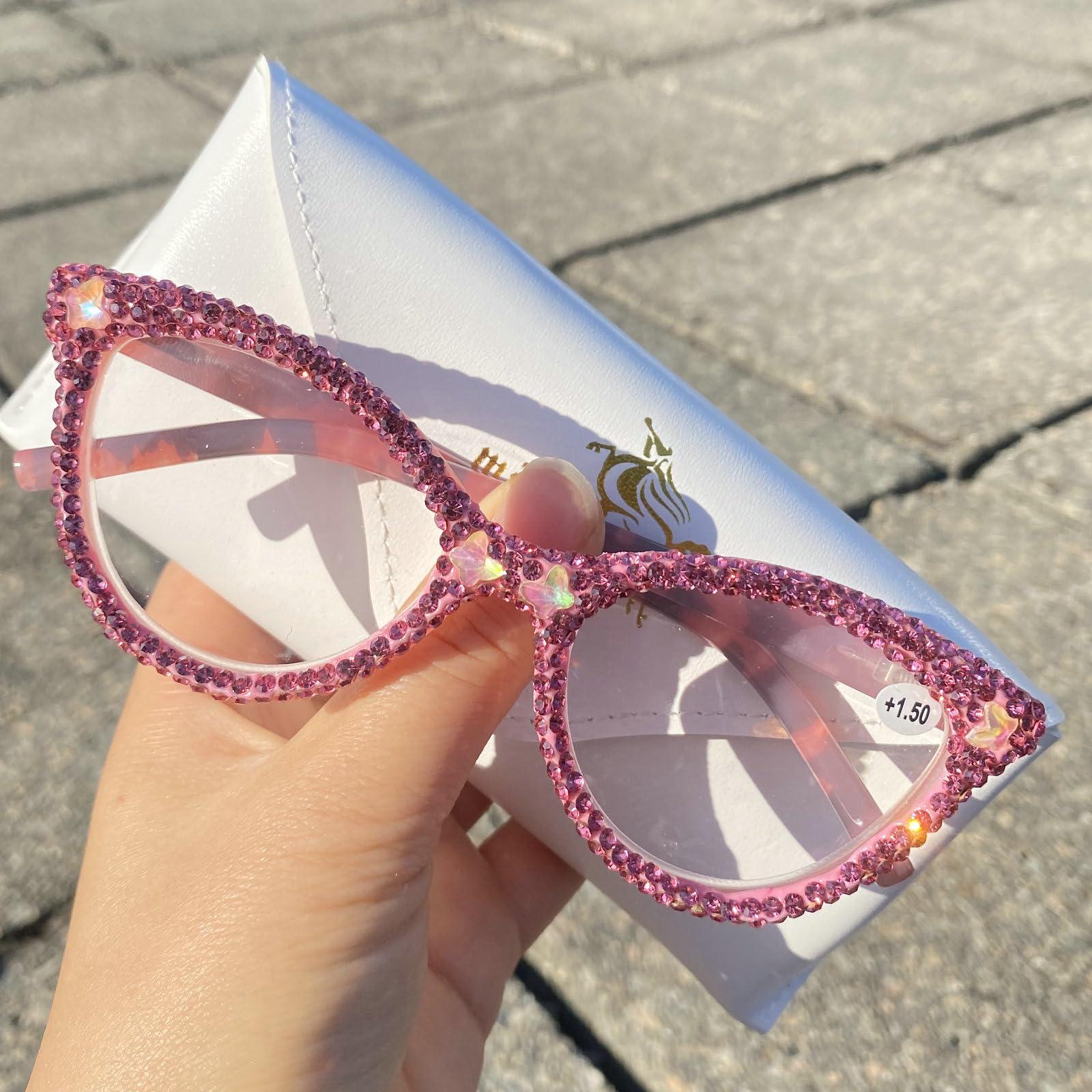 mincl Fashion bling Rhinestone Cat Eye Reading Glasses for Women Retro Jeweled Frame rave Party Diamond Reading Glasses (pink, 1, x)