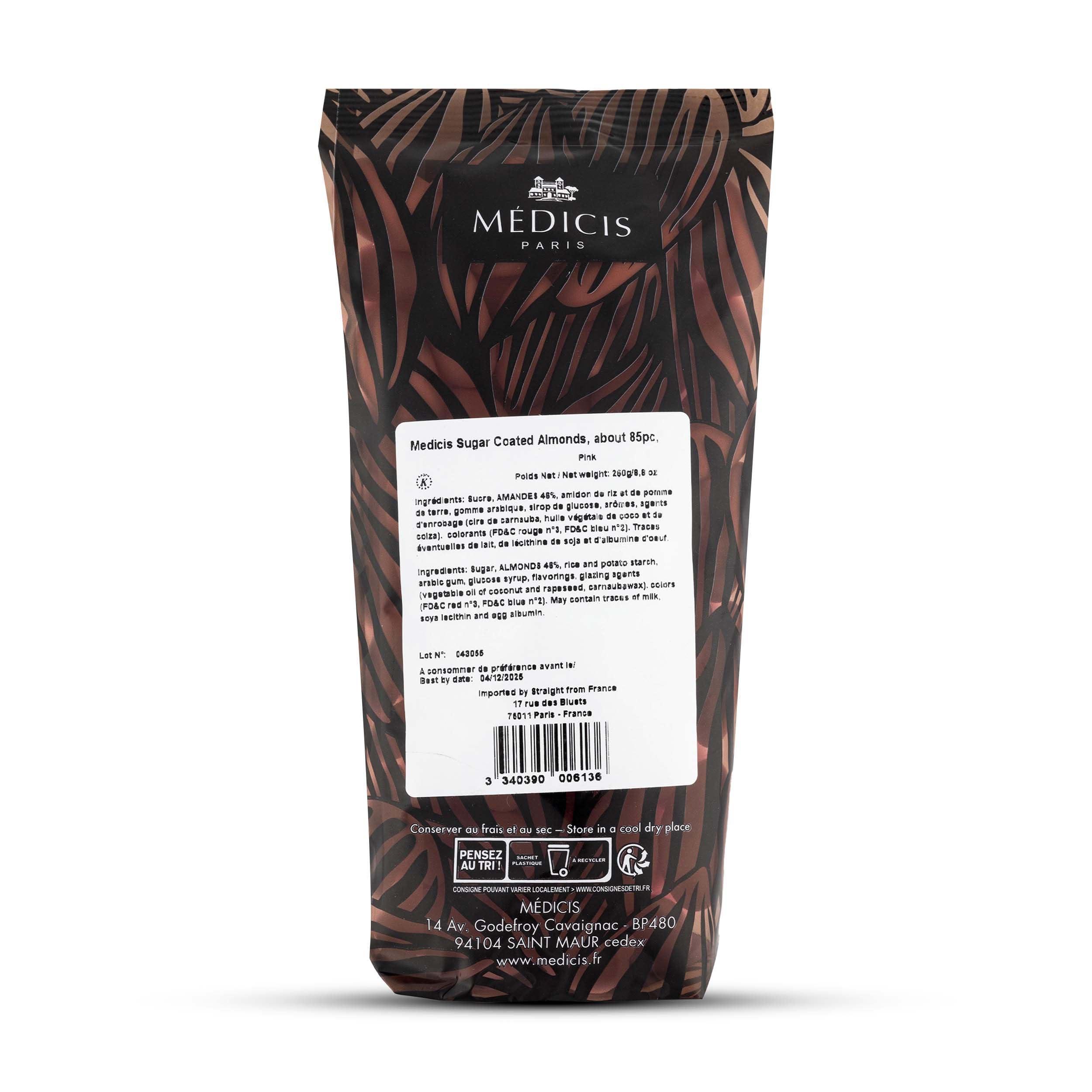 MEDICIS Medicis Premium Candied Almond Dragees (French Jordan Almonds) Sugar Coated Candies Ideal as a Party Favor for Weddings and Baby Showers 75 count bag 8.8oz (Pink)