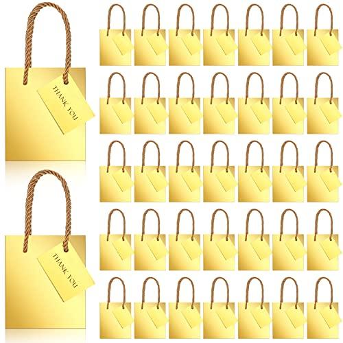 Nuanchu Nuanchu 50 Pcs Mini Gift Bags Bulk, 4 x 2.75 x 4.5 Inch Paper Bags with Gift Tags, Extra Small Metallic Paper Totes with Handles for Birthday Weddings Baby Showers Party Favors Gifts (Gold)