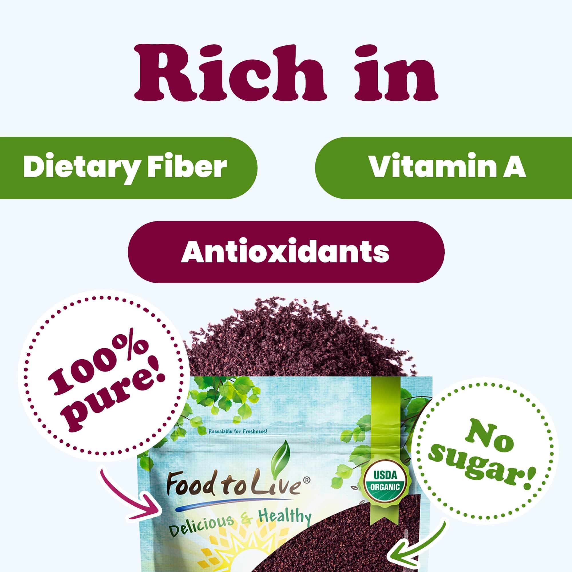 Food to Live Food to Live Organic Acai Berry Powder, 8 Pounds Non-GMO, Kosher, Raw, Vegan, Freeze-Dried, Unsweetened, Unsulfured, Bulk