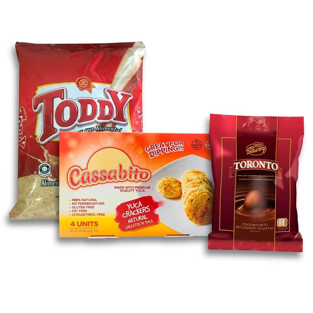 Chocolates Toddy Chocolate Powder Drink Mix (1Kg Bag) + Toronto Chocolate Covered Hazelnut (Bag/125gr) + Cassabito CasabeCrackers Natural Flavor (4 Pack) all the traditional flavor of Venezuela (6 Items TOTAL)