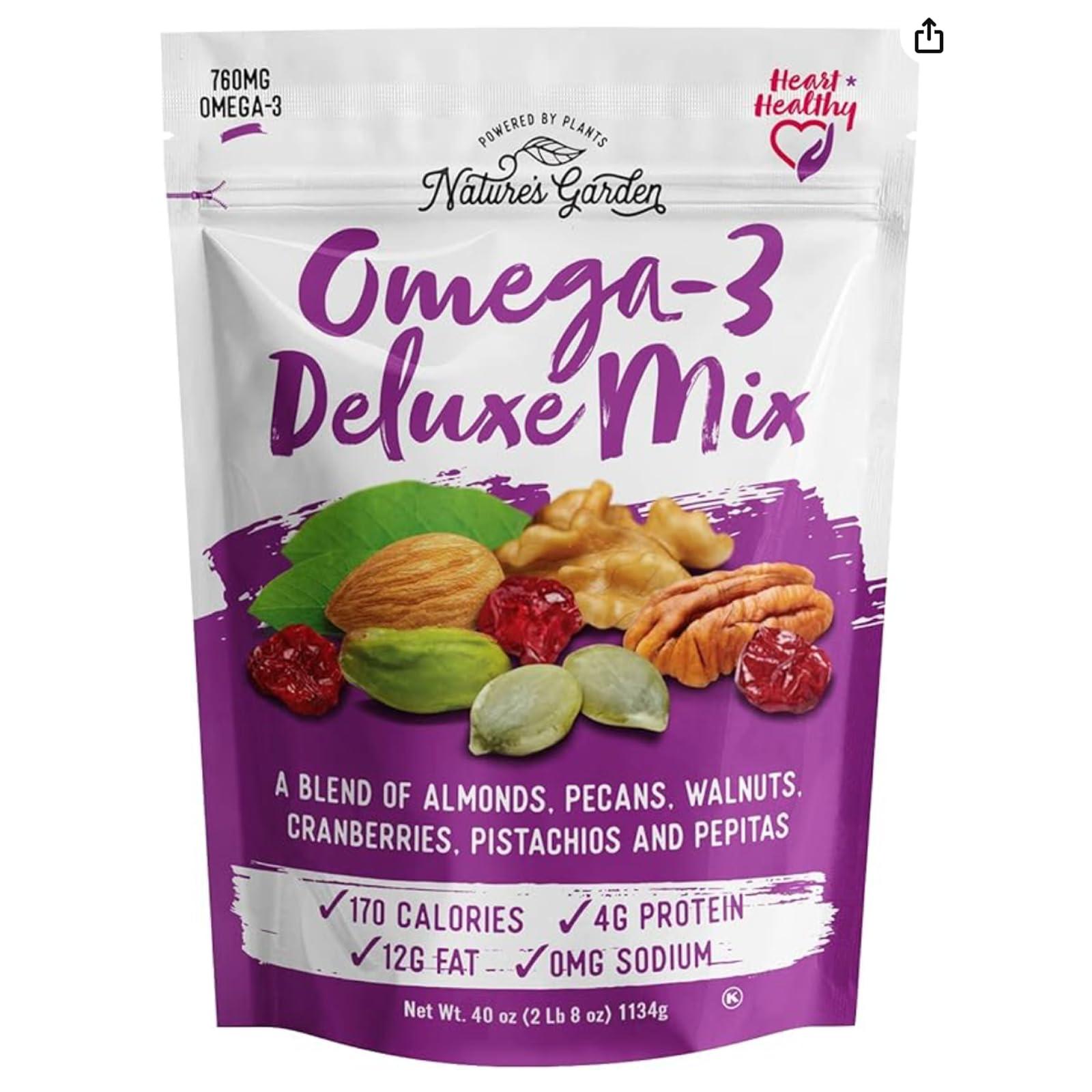 Nature's Garden Nature's Garden Omega 3 Deluxe Mix - Healthy Trail Mix, Power Up Mega Omega Trail Mix Nuts, Heart Healthy, Gluten Free, Cholesterol Free, Sodium Free, No Artificial Ingredients - 40 Oz Bag