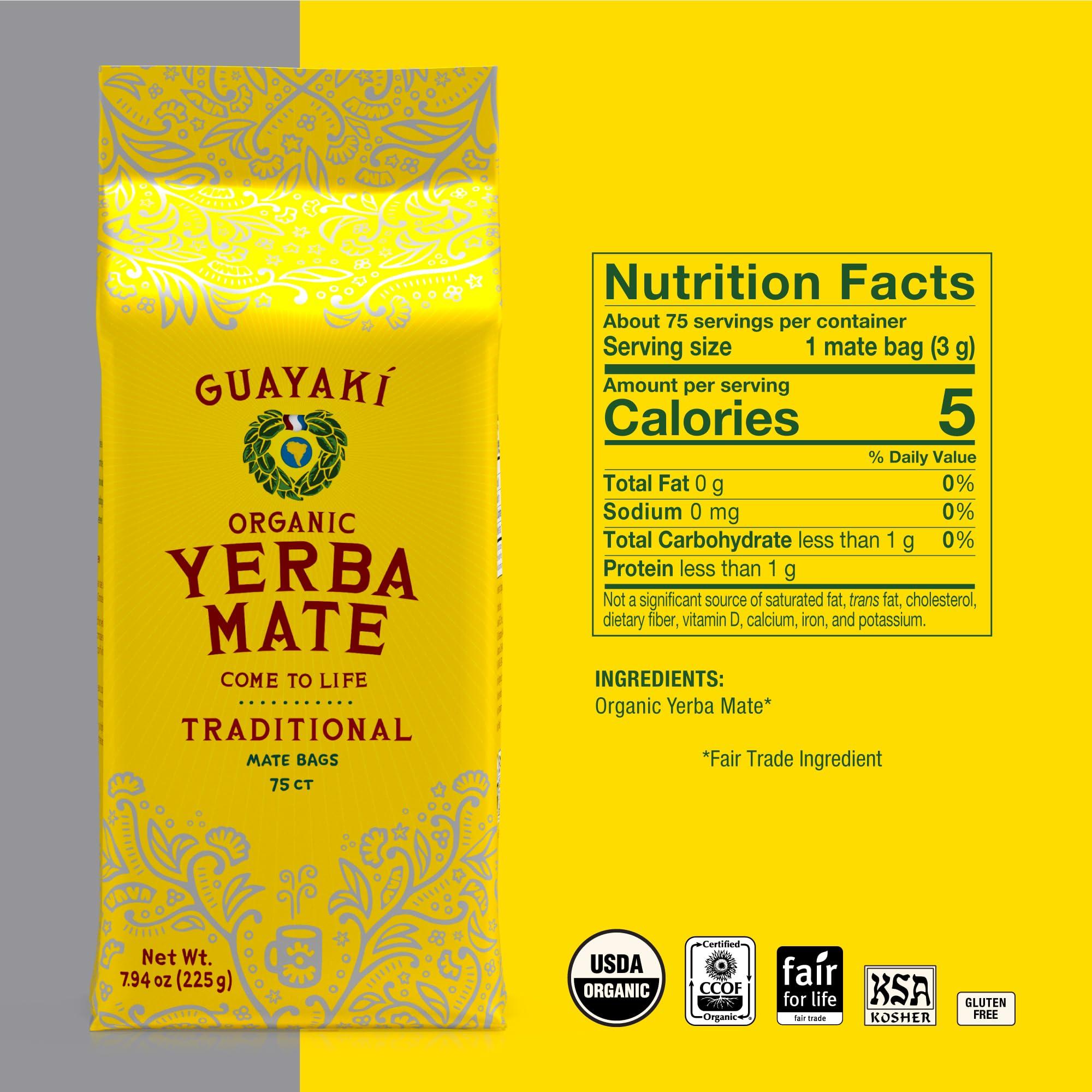 Guayaki Guayak Yerba Mate, Organic Traditional Unsweetened Single Serve Tea Bags, Perfect Hot Drink for Cold Weather, 75 Tea Bags (Pack of 6), 450 Total Tea Bags, 40mg Natural Caffeine, Smooth Energy