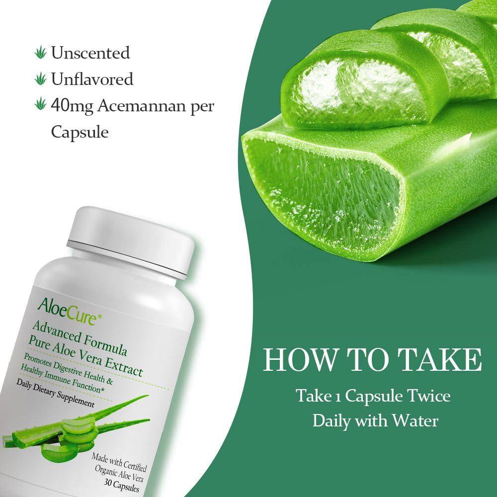 AloeCure AloeCure Organic Aloe Vera Capsules, 130,000mg Inner Aloe Leaf Equivelant per Serving, Support Gut, Digestive, & Immune Health, Helps Maintain Balanced Stomach Acidity, Aloin Free, 30 Capsules