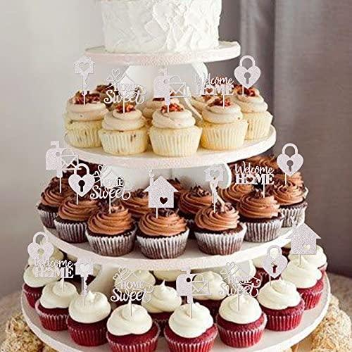 YCTHUNFISH 24 Pack Sweet Home Cupcake Toppers Glitter Key Lock Housewarming Cupcake Picks New Home Theme Party Welcome New House Party Cake Decorations Supplies Silver