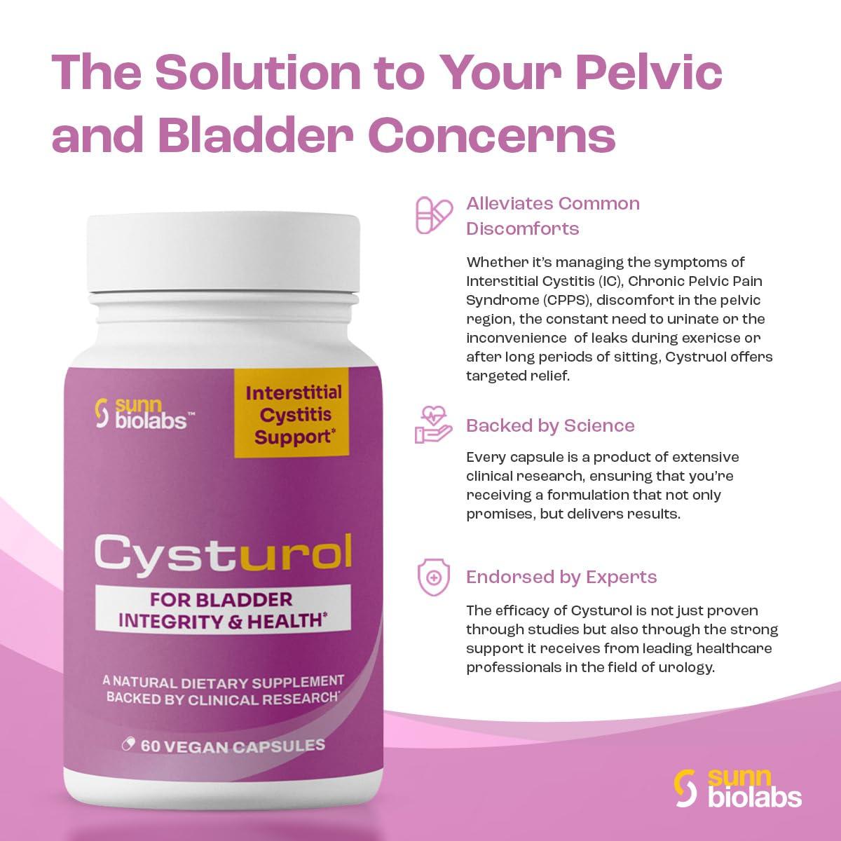 SUNN BIOLABS CYSTUROL | Bladder Formula SUPPORT FOR INTERSTITIAL CYSTITIS (IC) and Painful Bladder Syndrome | Clinically Researched | Less Flares & Urgency | Potent | Premium Bladder Support for Women