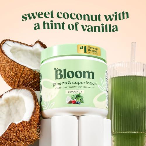 Bloom Nutrition Bloom Nutrition Superfood Greens Powder, Digestive Enzymes with Probiotics and Prebiotics, Gut Health, Bloating Relief for Women, Chlorella, Green Juice Mix with Beet Root Powder, 30 SVG, Coconut