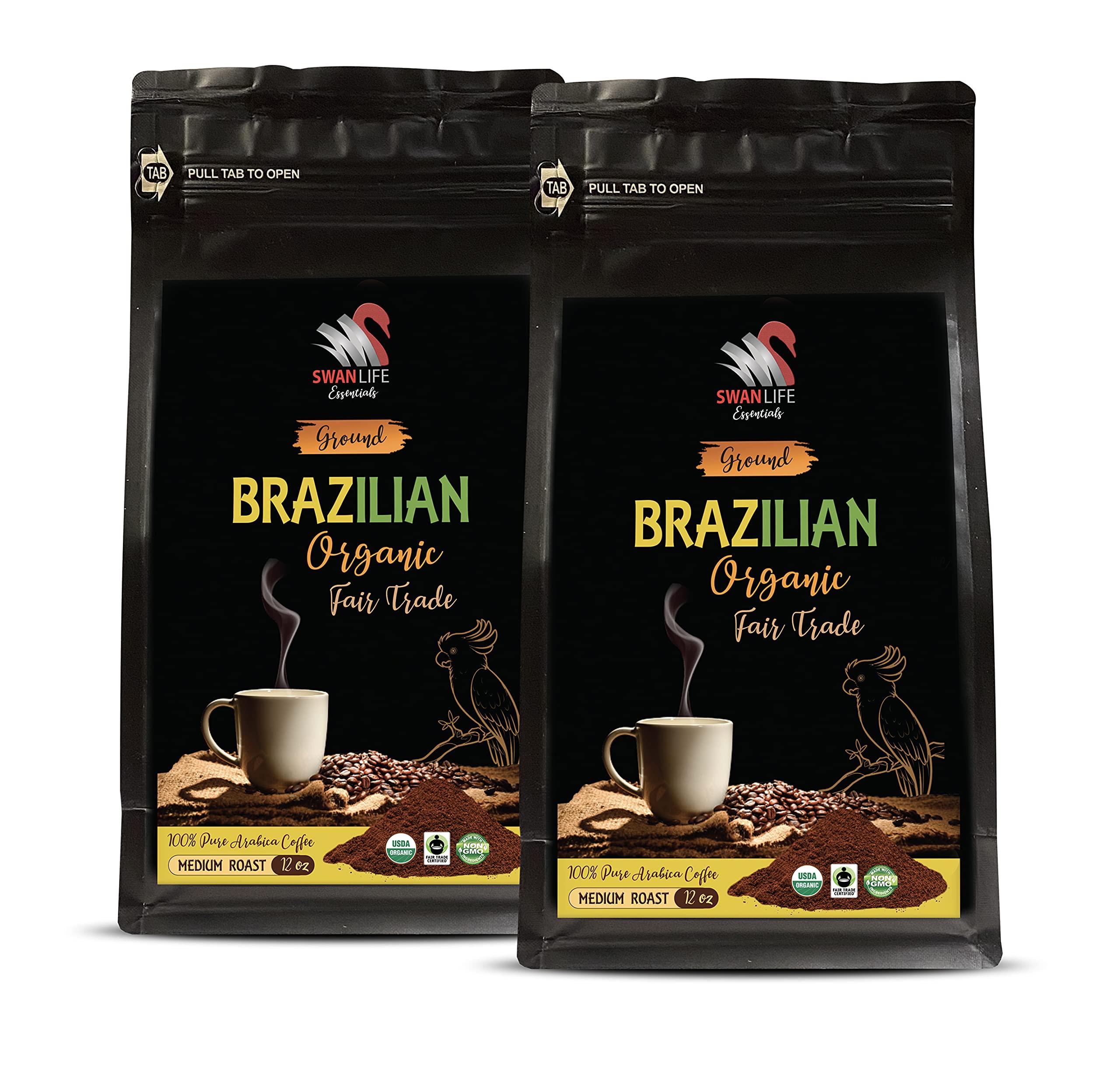 SWAN LIFE ESSENTIALS 100% brazilian coffee - BRAZILIAN GROUND COFFEE ORGANIC, 100% Arabica, Medium Roast, low acidity, Fair Trade, non gmo - organic ground coffee medium roast, 2 Bags (24 Oz)