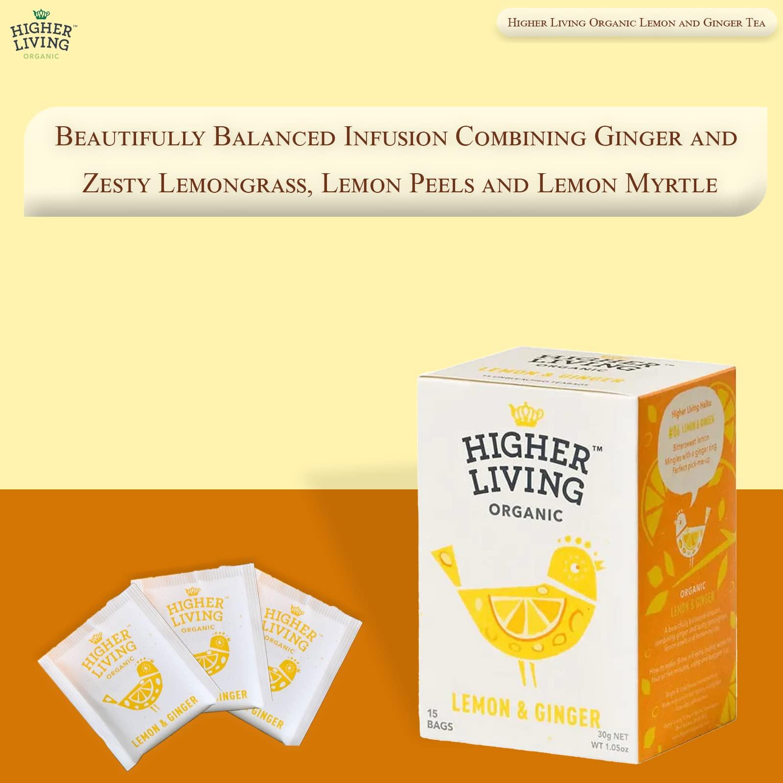 Higher Living Higher Living Organic Lemon & Ginger Herbal Tea - 15 Teabags | with Licorice Root, Lemongrass, Lemon Peel & More | Tangy & Spicy Flavor | Caffeine Free | Use as Hot or Iced Tea | 1.05oz/30g