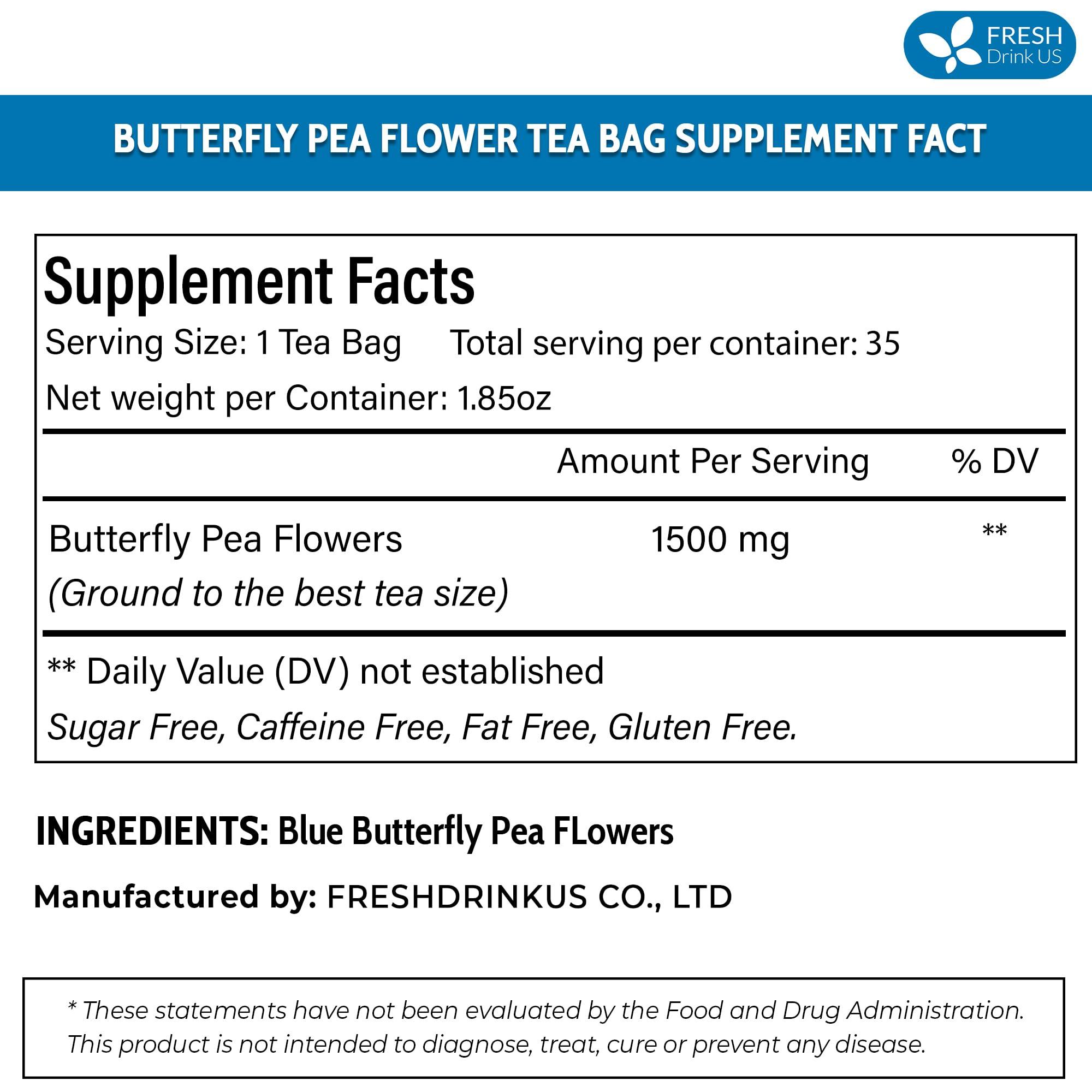 FRESHDRINKUS FreshDrinkUS, Premium 35 Butterfly Pea Tea Bags, 100% Natural and Pure from Butterfly Pea Flowers, Hand-made, Made With Natural Materials-Corn Fiber Tea Bag, Sugar/Caffeine/Gluten Free, Vegan