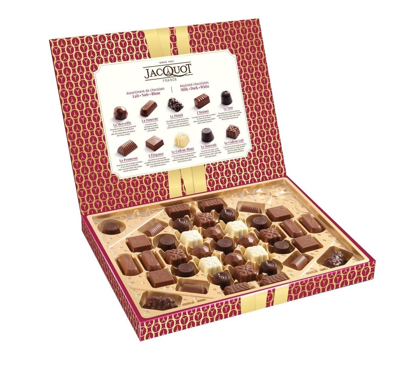 Jacquot Jacquot Premium Dark, White & Milk Chocolate Candies Assortment from France, Great Chocolate Box for a Birthday or Holiday Gift, 40 Pieces 15.5 Ounce