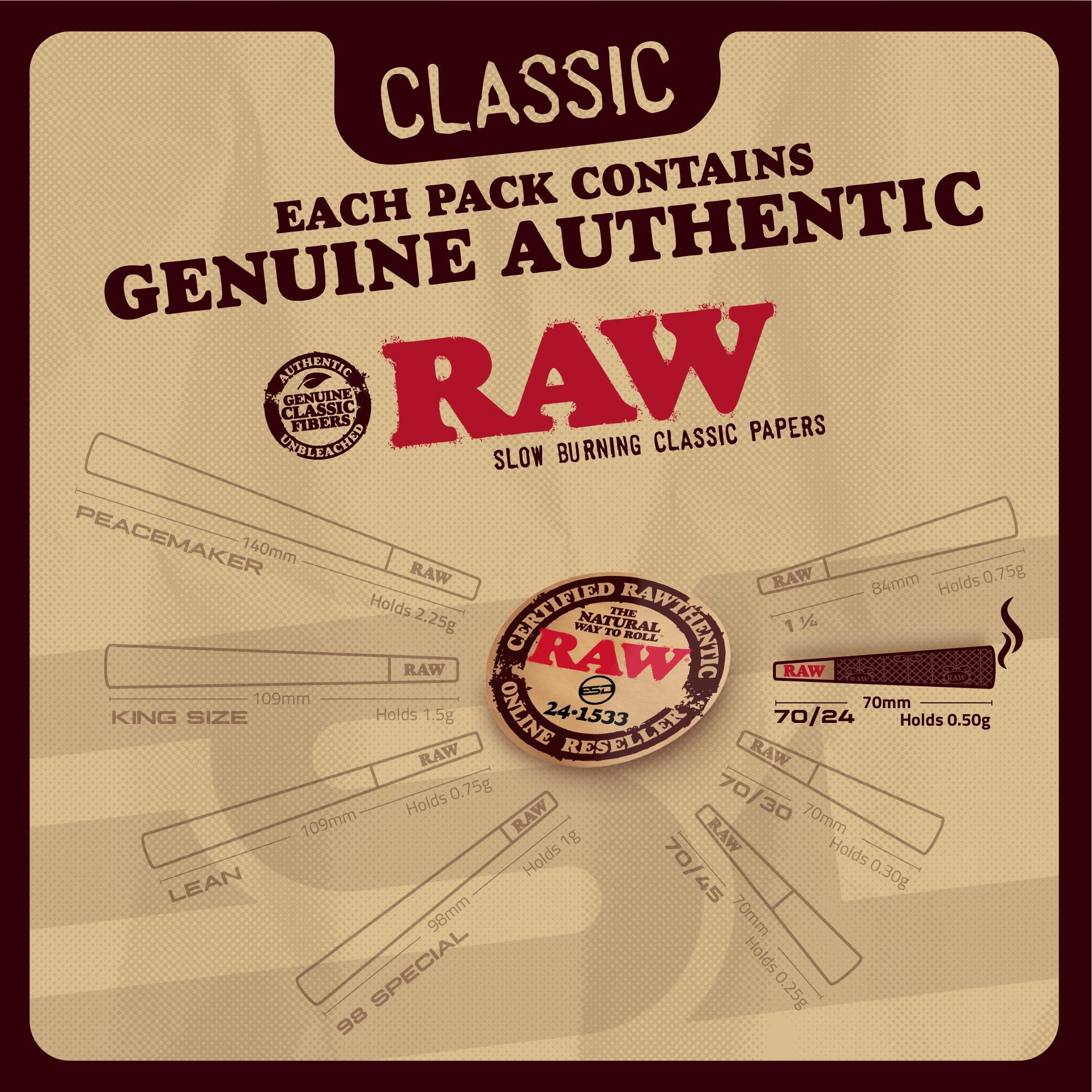 RAW RAW 70/24 Slow Burning Prerolled Cones - Shorter than 1 1/4 - Inside a RAW Metal Tin Container with Packing Tubes | 20 Pack