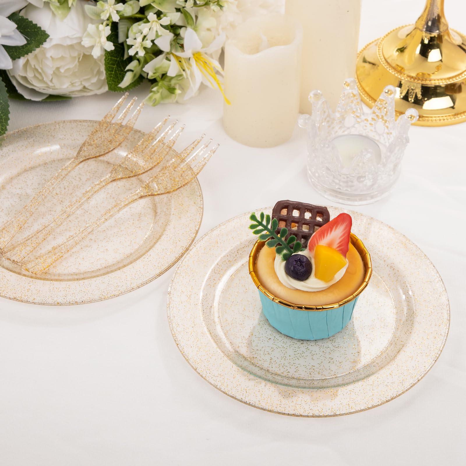 WELLIFE WELLIFE 60PCS Gold Glitter Dessert Plates and 60PCS Plastic Forks, 6.5 inch Disposable Dessert Plates for 60 Guests, Durable Gold Glitter Cake Plates, Perfect for Party