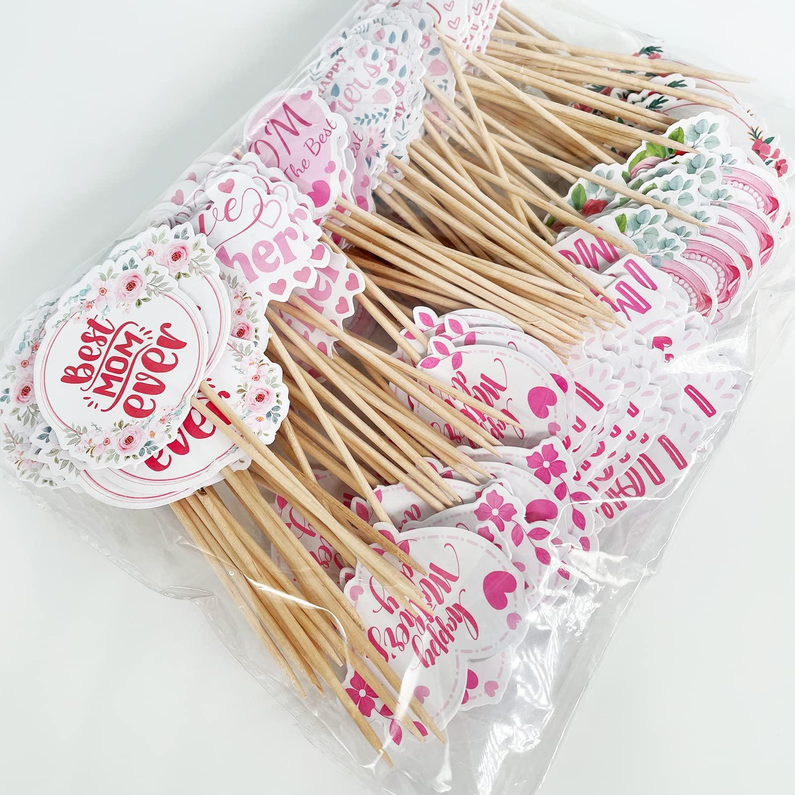 M1NTP1US + 144PCS Happy Mothers Day Cupcake Toppers Decorations Mom Day Thank You Appetizers Toothpicks Sticks Food Picks Party Supplies