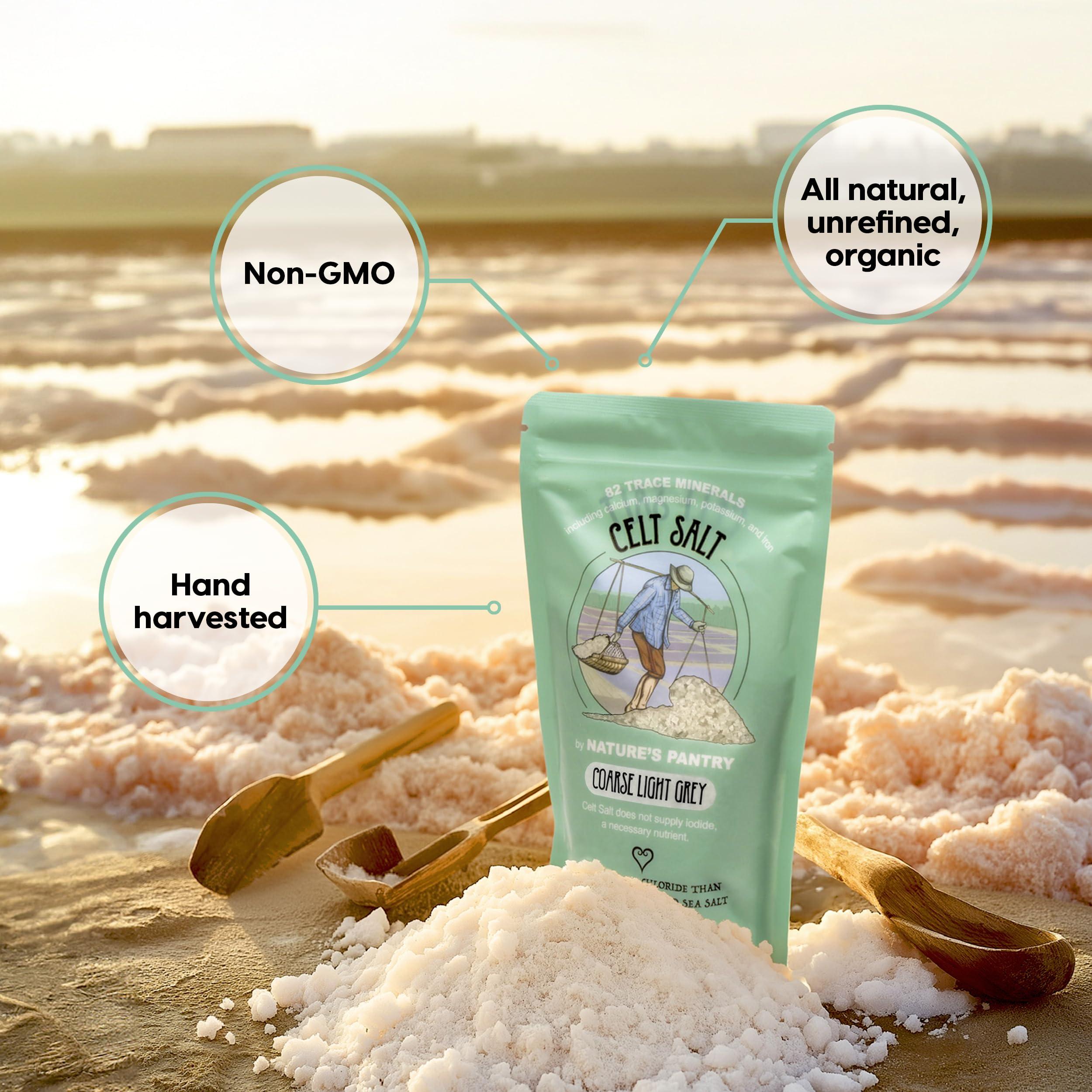 Celt Salt by Nature\'s Pantry Celtic Salt Light Grey Coarse, Celt Salt By Natures Pantry, 82+ Minerals, non-GMO, Organic & Unrefined, Gluten-Free, Authentic, Sal, Hand Harvested, Cooking, Baking, Pickling, Electrolytes, Healthy Seasoning,1 lb (16oz) Bag