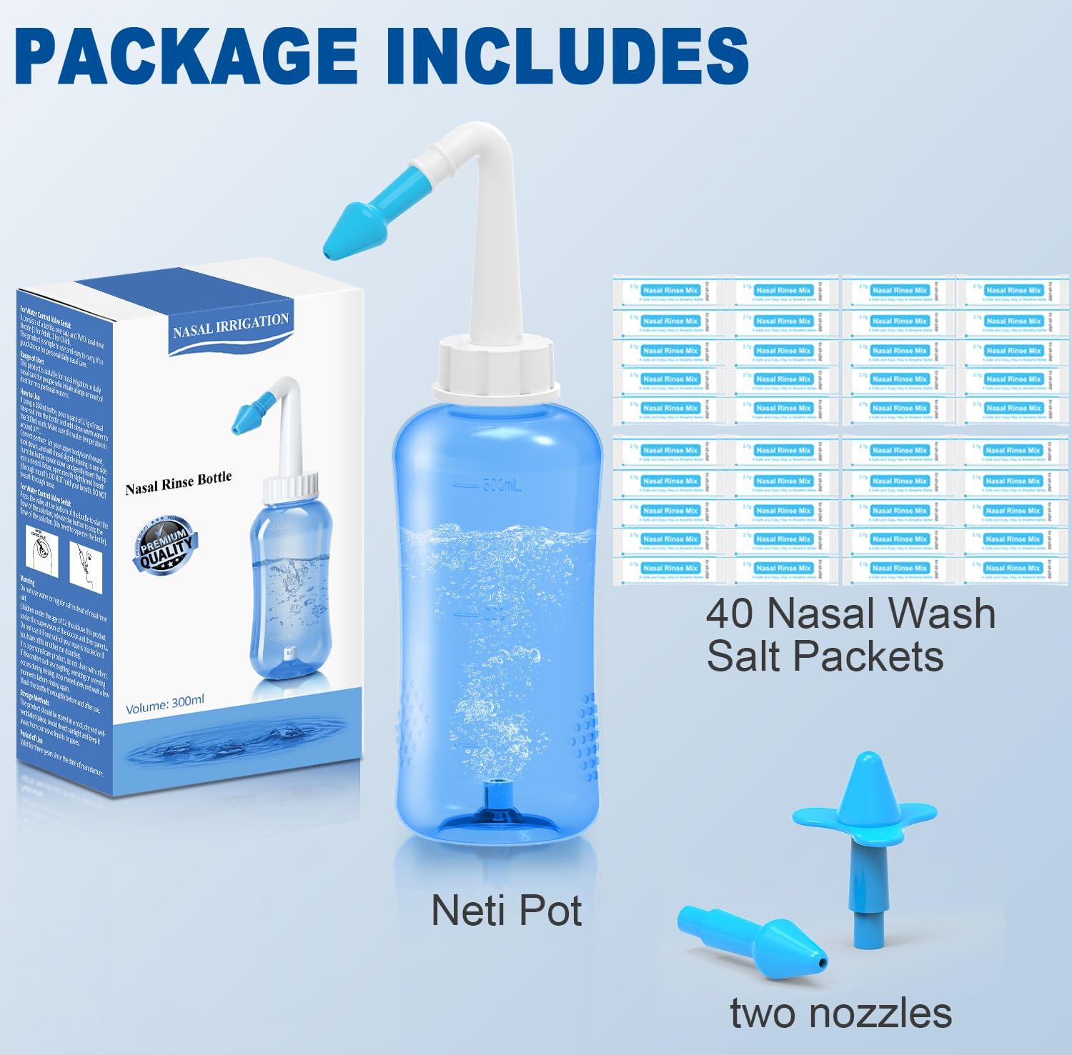 Binazon Neti Pot Sinus Rinse Kit, Sinus Rinse Bottle, Nose Wash Cleaner, Pressure Rinse Nasal Irrigation for Adult & Kid, 300ml Capacity Sinus Rinse Bottle and 40 Nasal Wash Salt Packets
