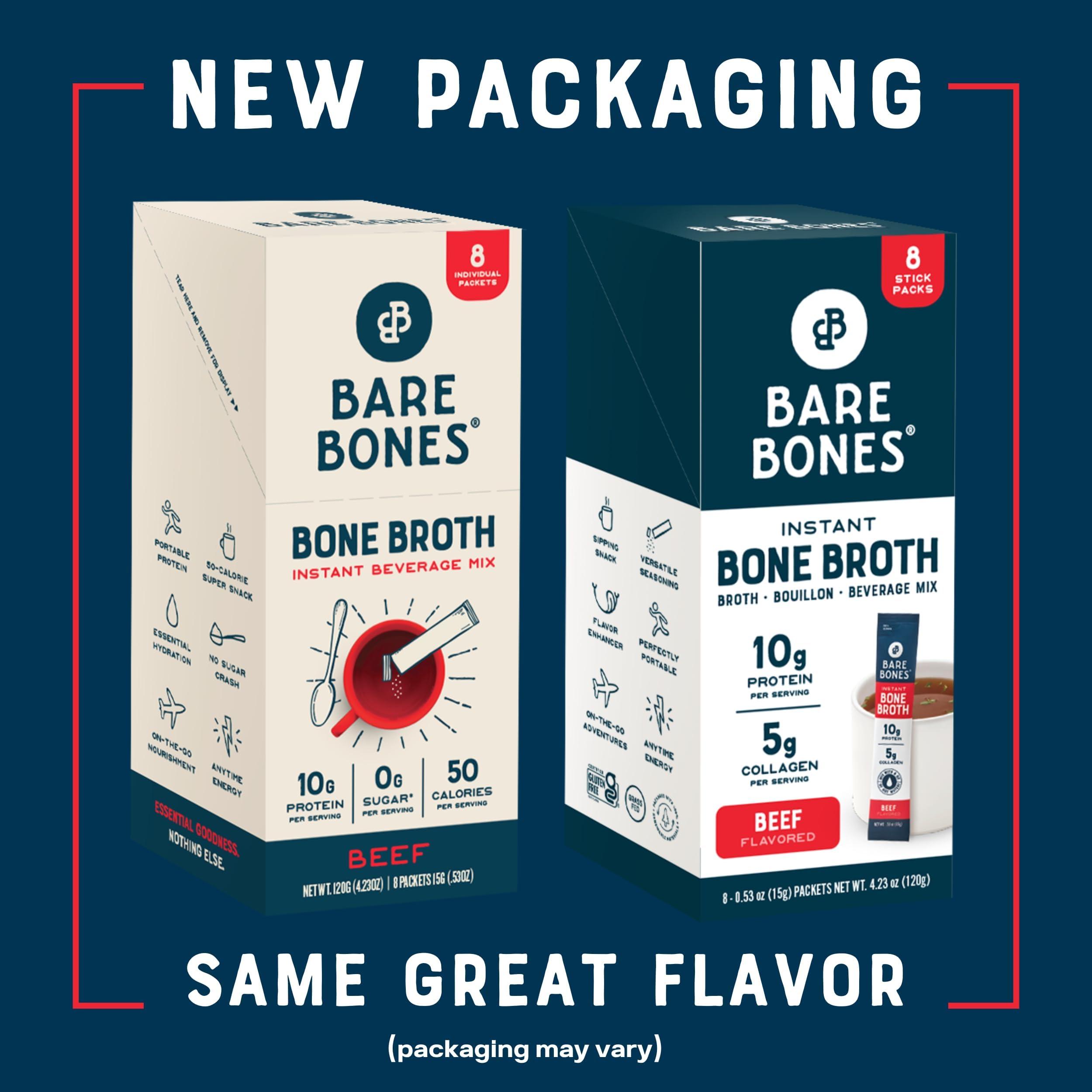 Bare Bones Bare Bones Beef Bone Broth Instant Powdered Mix | Rich Savory Packets on-the-Go No Artificial Flavors | 100% Grass Fed Keto & Paleo Friendly | 10g Protein | 8 Pack