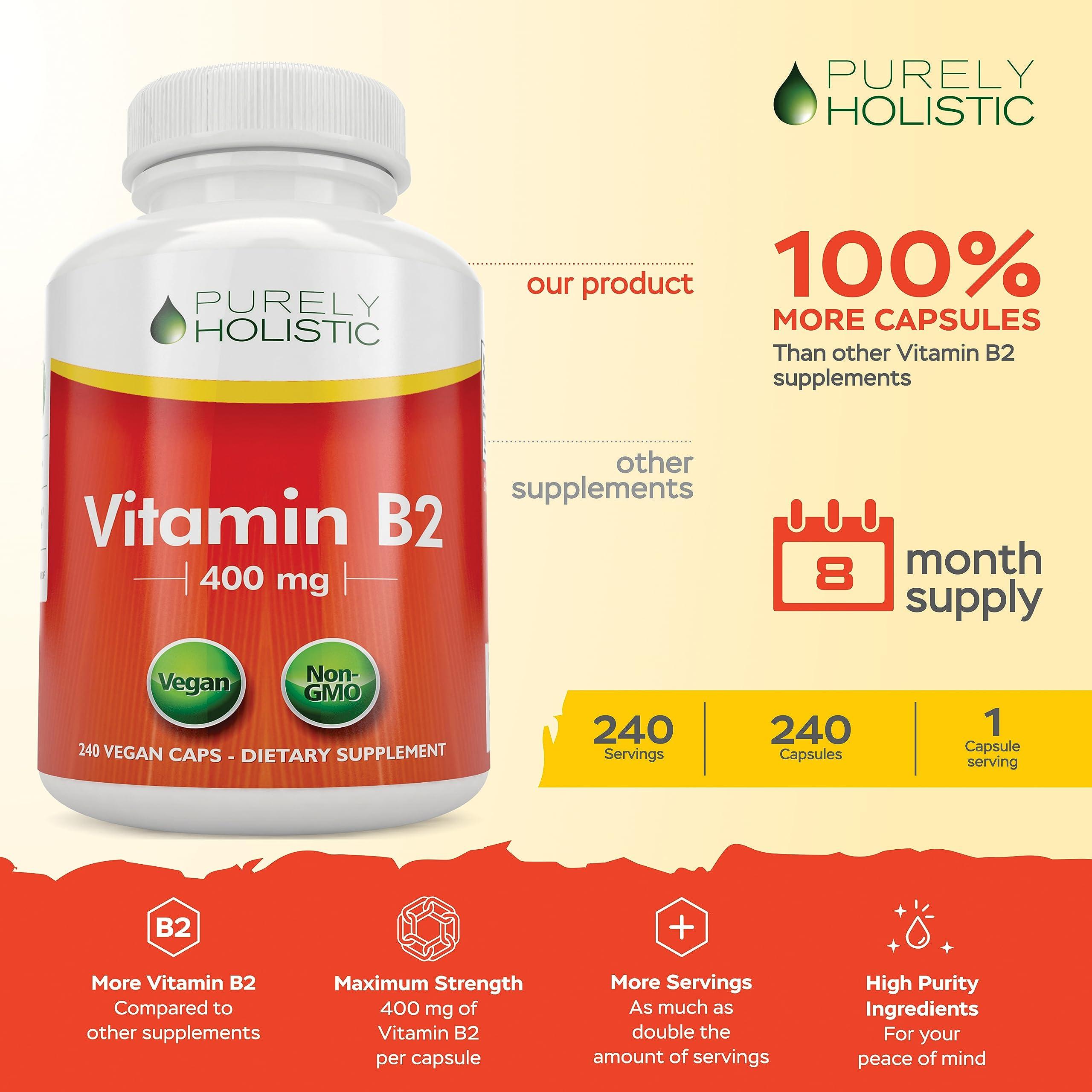 Purely Holistic Purely Holistic Vitamin B2 Riboflavin 400mg - 240 Vegan Capsules, 8 Month Supply - High Strength B2 Vitamins - Non GMO & Gluten Free - Supports Energy Production & Cellular Health