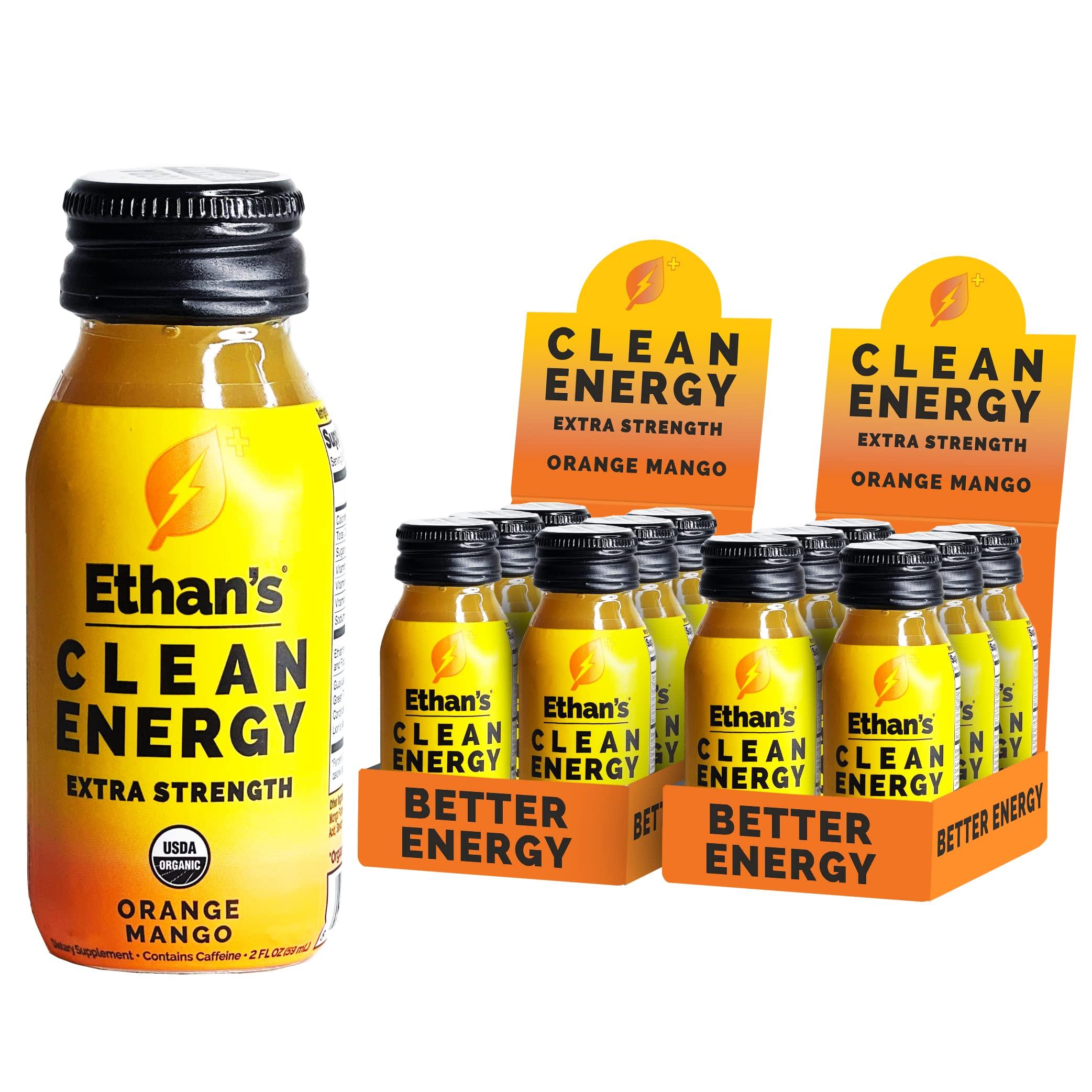 Ethan\'s Ethan\'s Organic Clean Energy Shots Orange Mango, Sugar Free Natural Pre-Workout Focus Boost, Gluten Free, Vegan, B6 & B12 Vitamin C with Green Tea Extract and Guayusa (12 Pack of 2oz Shots)