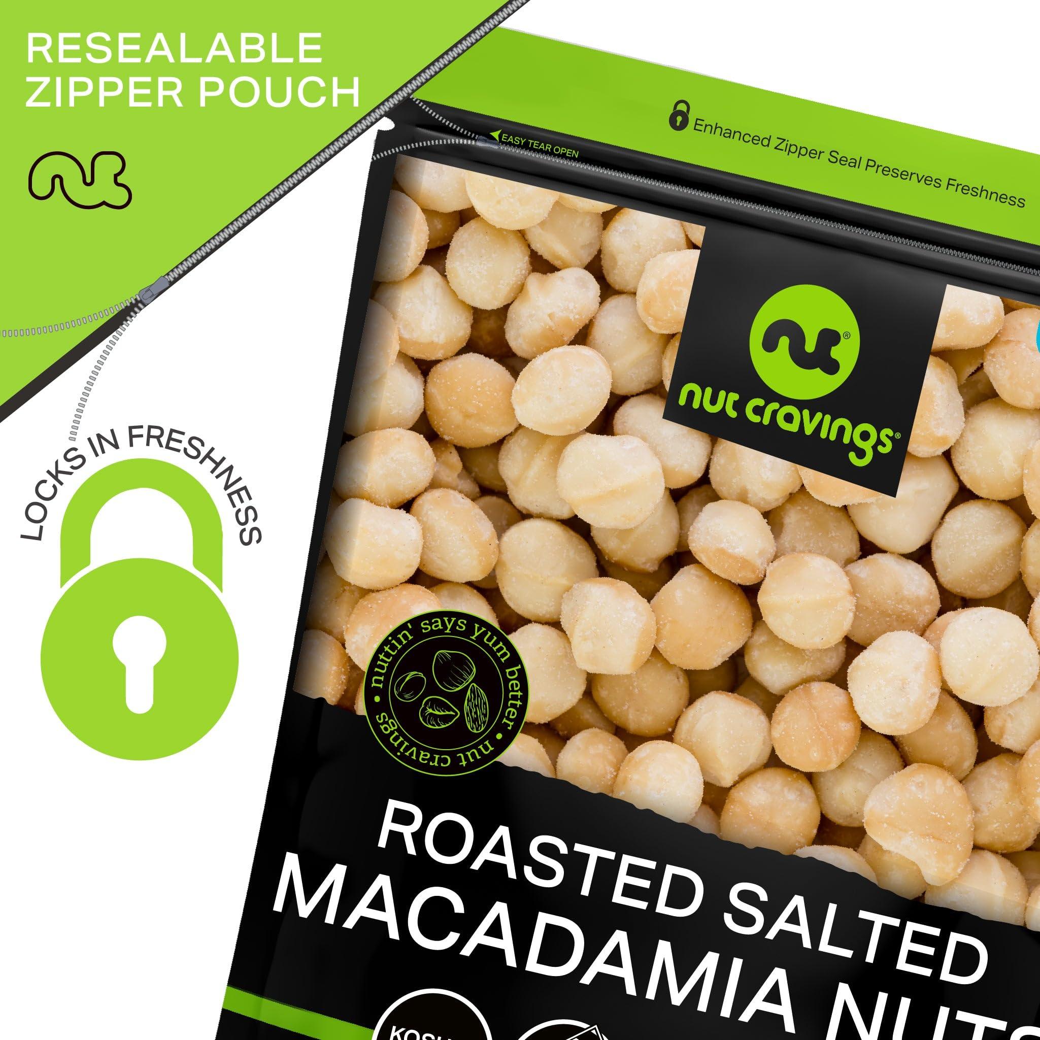 Nut Cravings NUT CRAVINGS - Roasted & Salted Macadamia Nuts - No Shell, Whole (16oz - 1 LB) Bulk Nuts Packed Fresh in Resealable Bag - Healthy Protein Food Snack, All Natural, Keto Friendly, Vegan, Kosher