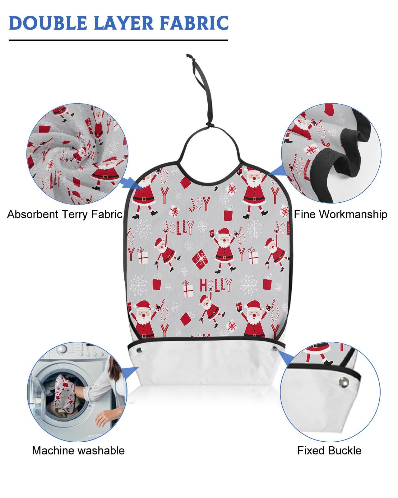 Sabolny Christmas Adult Bib for Eating with Crumb Catcher,Washable & Waterproof Terry Cloth Adjustable Elderly Women Men Adult Bibs Funny Clothing Protector Santa Snowflake Winter Xmas Gift Grey Red White