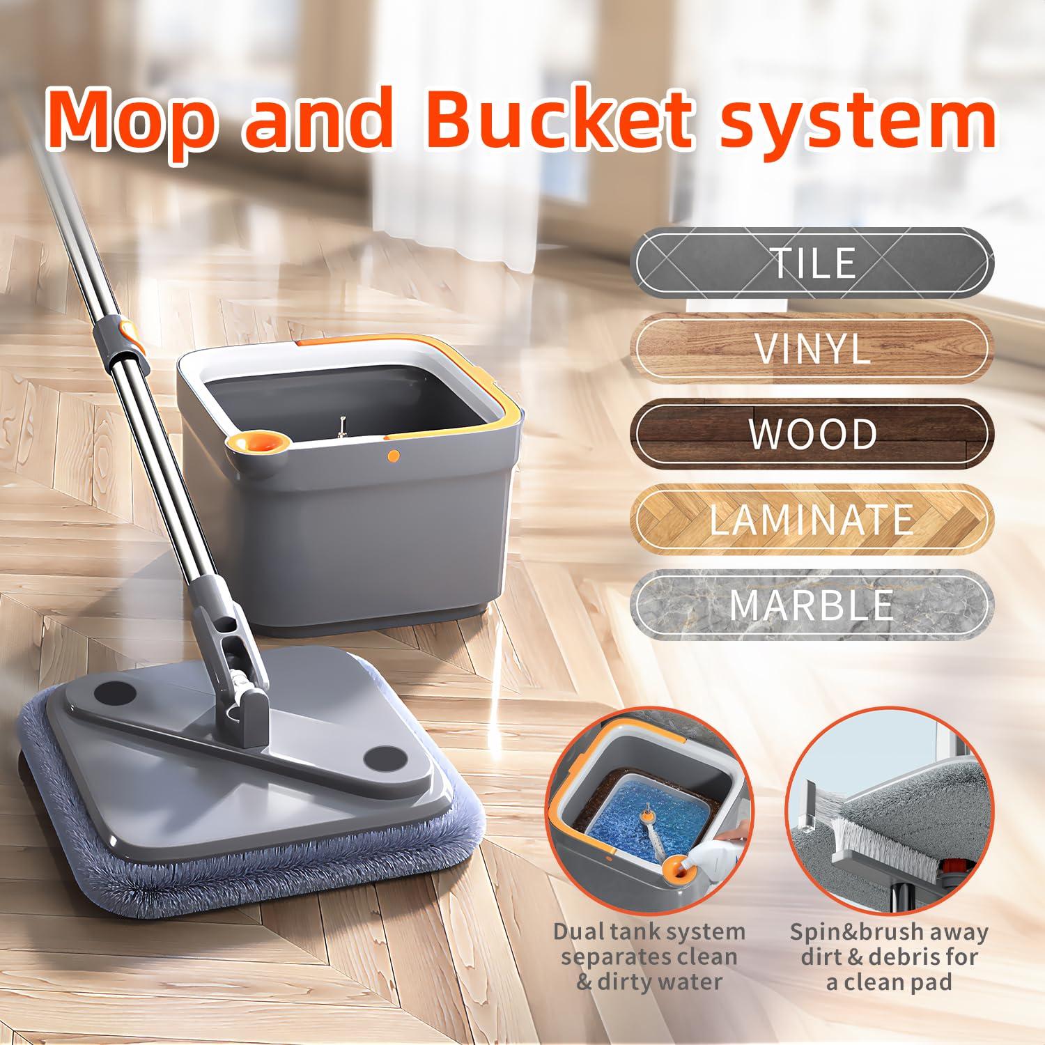 KZKR KZKR Spin Mop and Bucket Set with 2 Replaceable Microfiber Mop Pads with Self Separation Dirty and Clean Water System, Self Wringing 360 Rotating Square Mop Head for Hardwood Tile Marble Floors