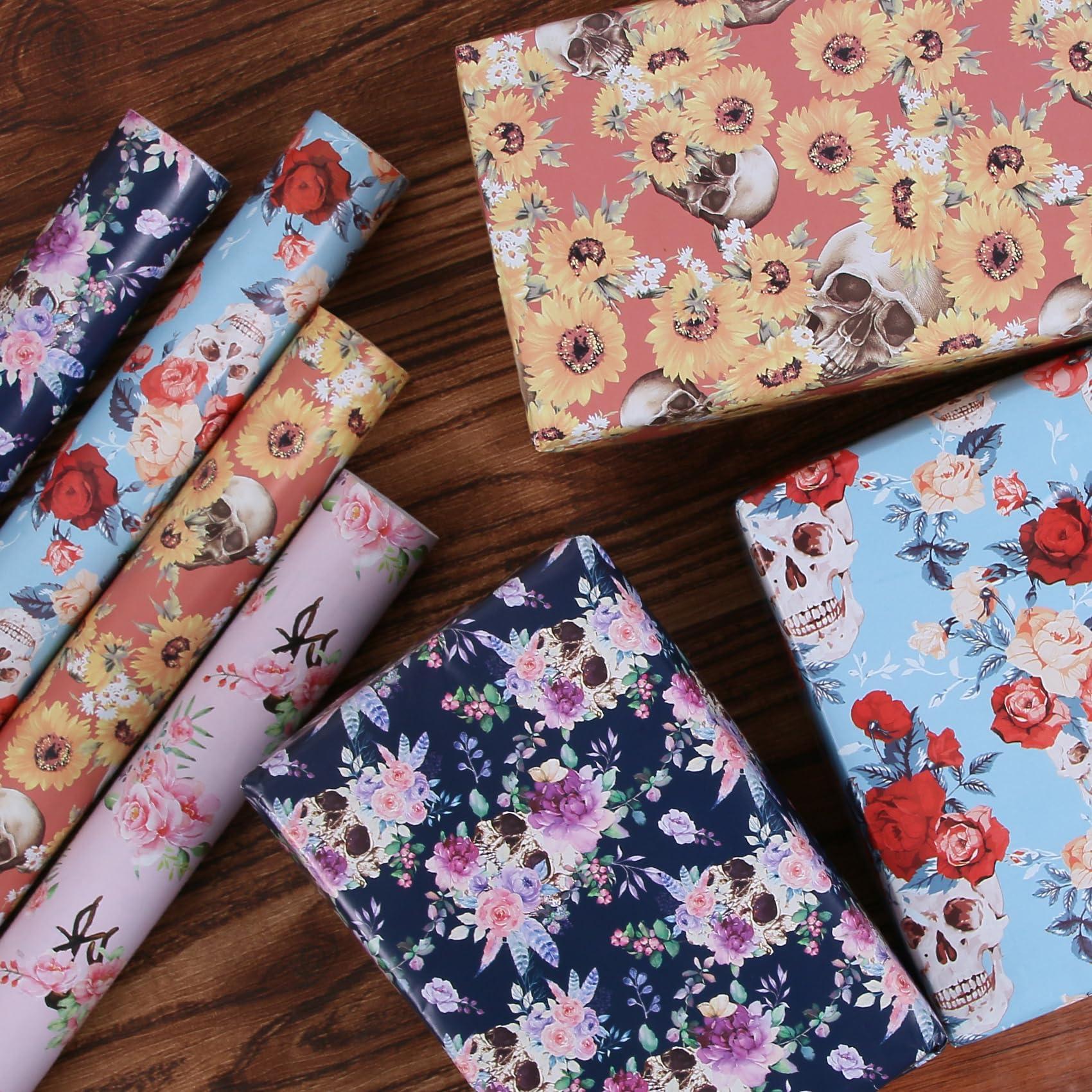 Aimyoo Aimyoo Blue Skull Floral Wrapping Paper Roll 17 in x10ft, Horror Gothic Gift Wrap Paper for Halloween Wedding Bridal Shower