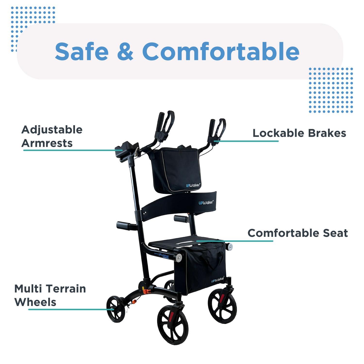 LifeWalker Journey UPWalker Premium Lite The Original Upright Walker Premium, Lightweight Adjustable Upright Rollator Walker with Narrow Build, Motion Sensor Lights, & Seat for Seniors