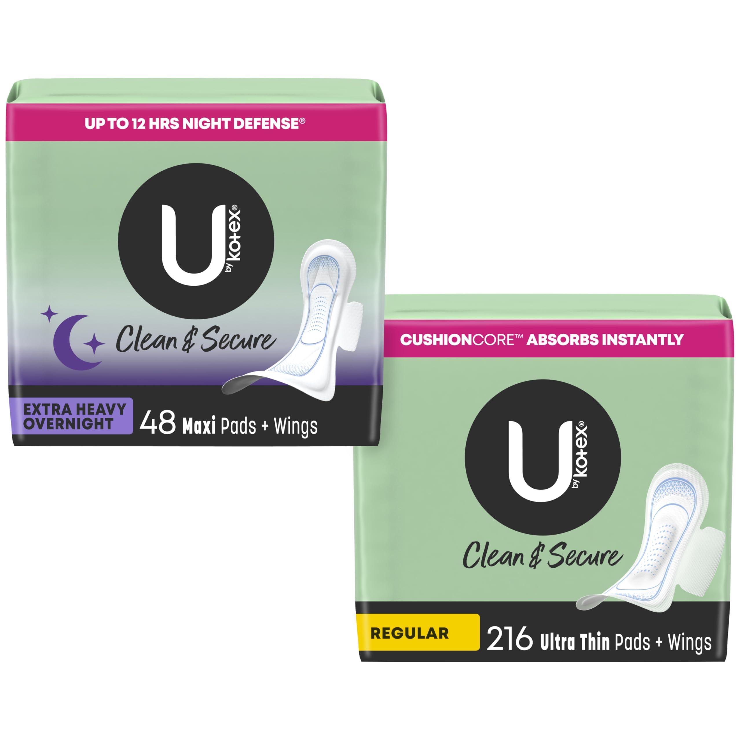U by Kotex U by Kotex Clean & Secure Day/Night Bundle: Ultra Thin Pads with Wings, Regular Absorbency, 216 Count & Overnight Maxi Pads with Wings, Extra Heavy Absorbency, 48 Count (Packaging May Vary)