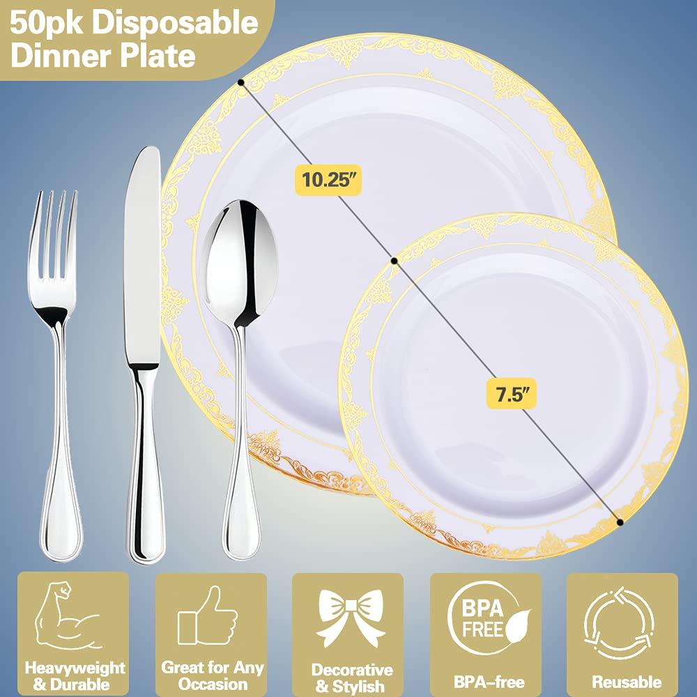 IUMÉ Plastic Plates, 100 Piece Gold Heavy Duty Plastic Dinner Plates, 10.25inch Disposable Plastic Dinnerware Plates and 7.5inch Dinner Dessert Plates Tableware Sets Disposable Plates for Wedding,Party