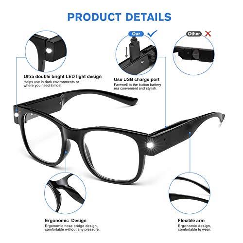 OuShiun OuShiun USB Rechargeable Led Reading Glasses Smart Lighted Eyewear for Women Men (Black, 2.0X)