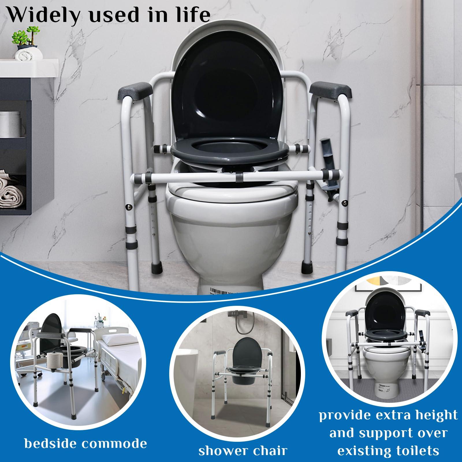 JumboTIGER 3-in-1 Steel Adjustable Bedside Commode,Portable Toilet for Adults 8 Quart,300 lb Weight Capacity Portable Potty,Toilet Seat with Safety Frame, Easy Cleaning, Tool-Free Assembly, Padded Arms,Gray