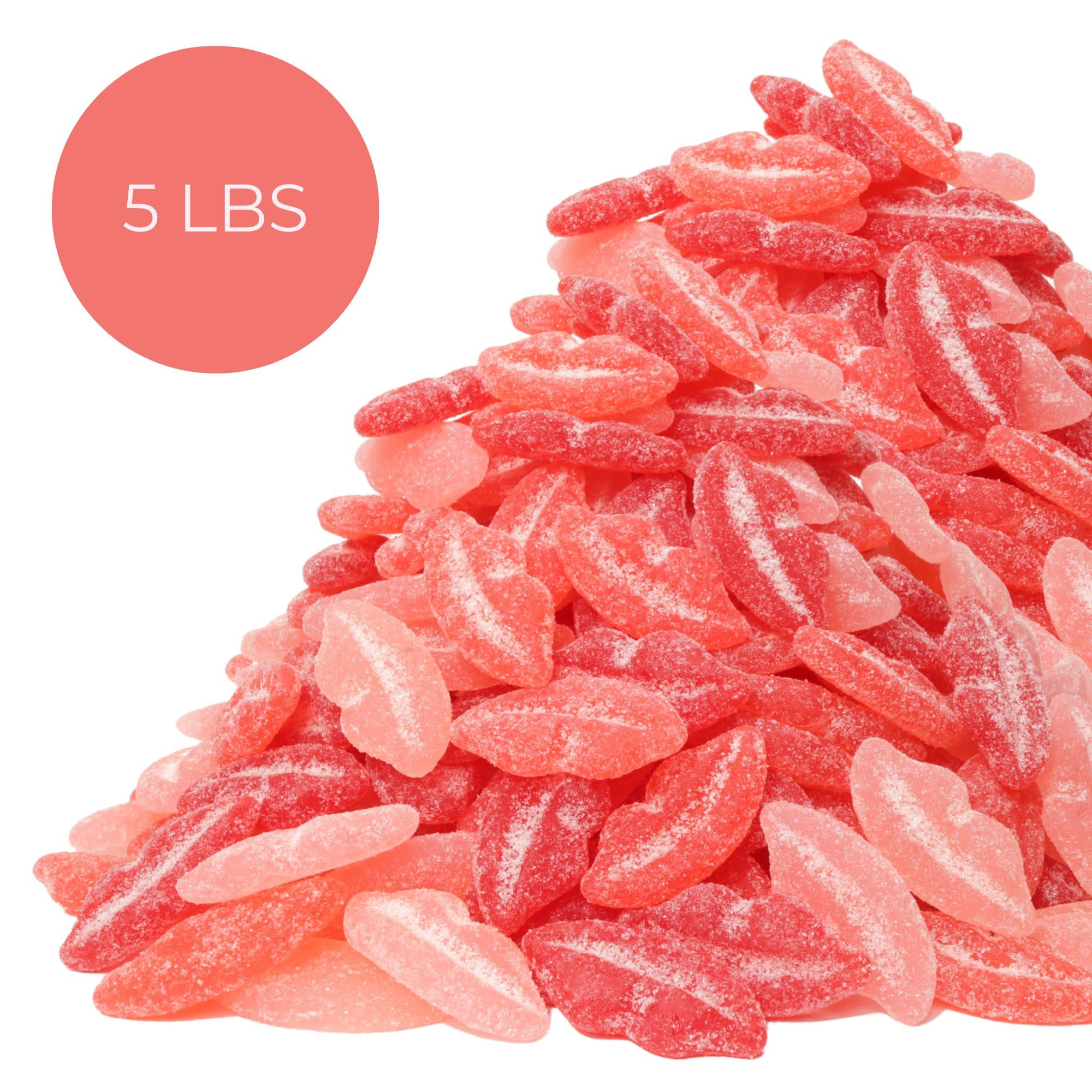 Needzo Sour Pucker Lips, Strawberry, Watermelon, and Cherry Flavored Gummy Candies, Pink and Red Chewy Lip Candy Bulk Bag 5 Pounds