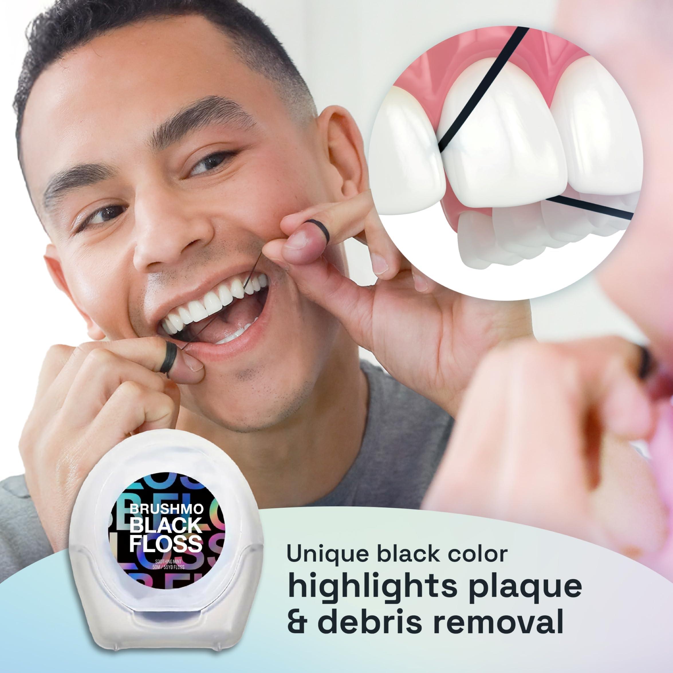 Brushmo Brushmo Black Floss (BB Floss), US Dentist-Designed Oral Care, Stain-Absorbing, Woven Expanding Dental Floss with Natural Wax to Prevent Gum Disease, Non-Toxic PTFE & PFAS Free, 3 Spools (165 yd)