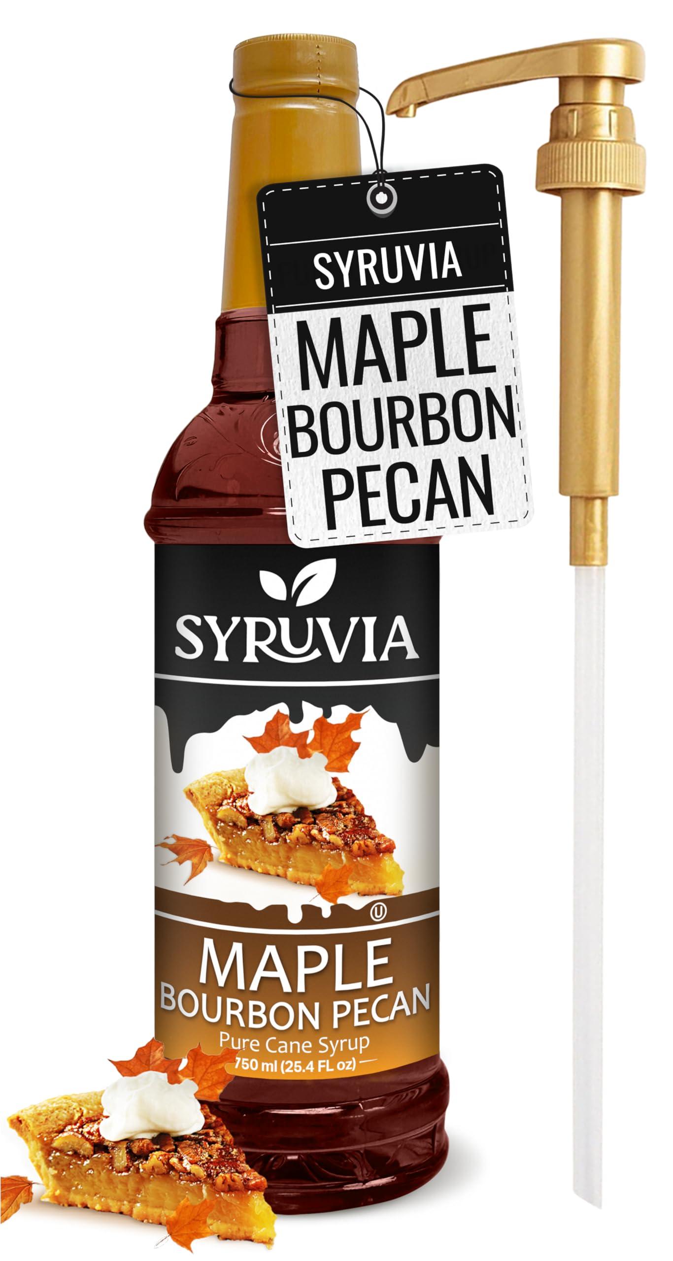 SYRUVIA Syruvia Maple Bourbon Pecan Syrup Maple Bourbon Pecan Coffee Syrup Flavor, 25.4 fl oz, Kosher, Gluten Free, Perfect for Coffee, Drinks, Soda, Desserts, and More, With Syrup Pump