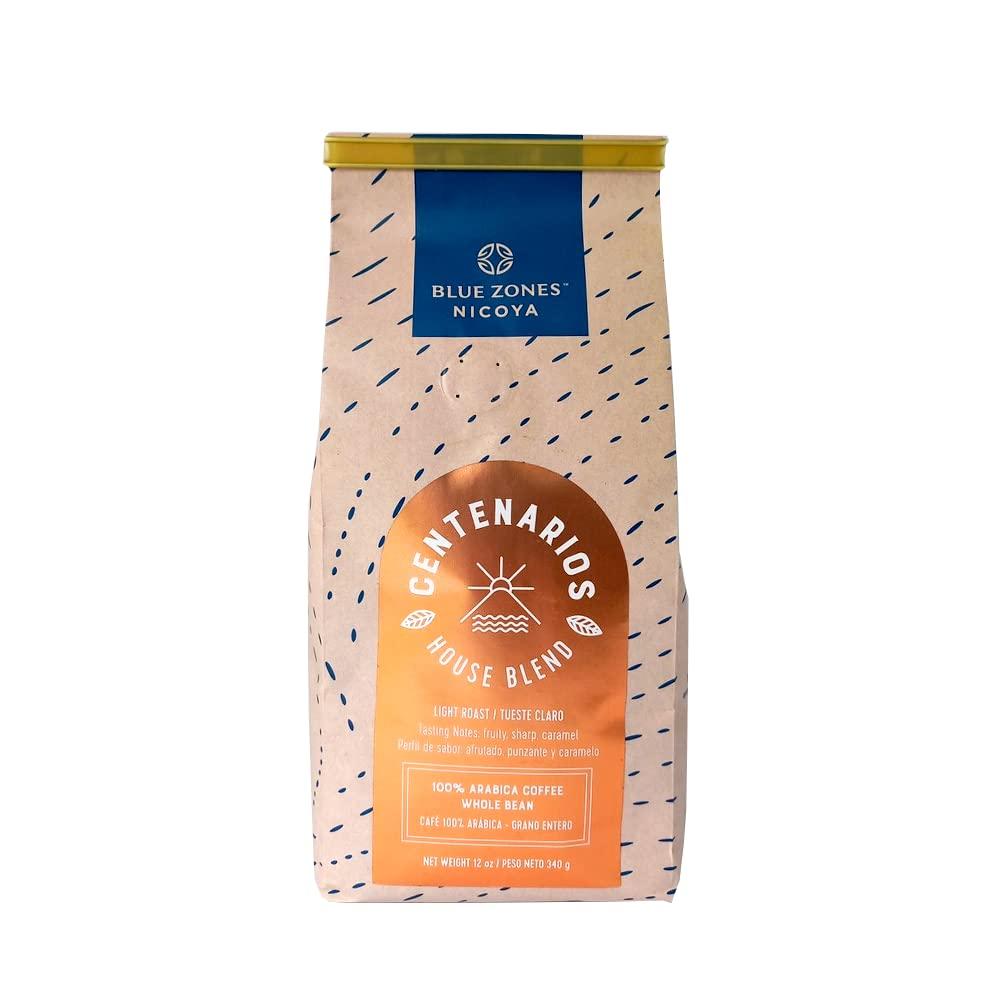 BLUE ZONES Blue Zones Nicoya - Centenarios Whole Bean Coffee - 100% Arabica Light Roast, House Blend - Fruity Caramel Flavor - All Natural, Gluten & Sugar-Free (12oz/ 340g)