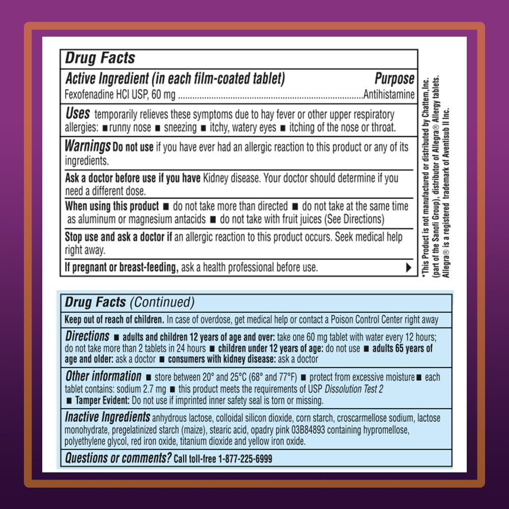 Akron Pharma Akron Pharma Allergy Relief, Fexofenadine Hydrochloride 60 mg, Non-Drowsy Antihistamine,Allergy Symptom Relief, 100 Tablets
