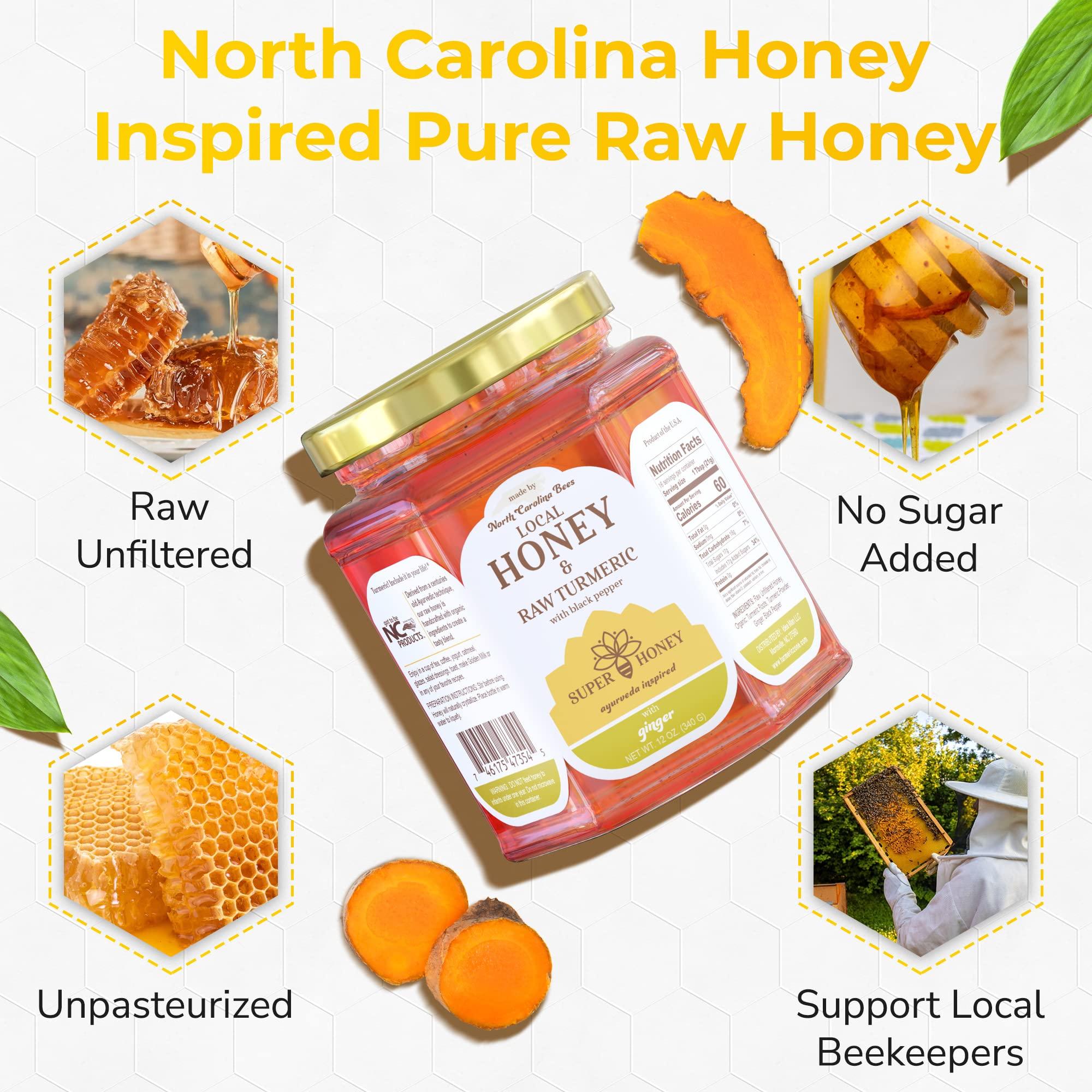SUPER HONEY AYURVEDA INSPIRED SUPER HONEY North Carolina Honey with Turmeric, Ginger and Black Pepper, Ayurveda Inspired 100% Wildflower Pure Raw Honey, Unfiltered and Naturally Delicious - 12oz. Glass Jar