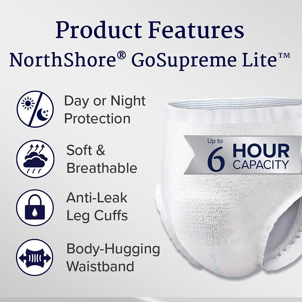 NorthShore NorthShore GoSupreme Lite Incontinence Underwear, 6-Hour Pullup Style, X-Large, 14 Count Bag, White, 44-56 inches, Unisex Adult Diapers