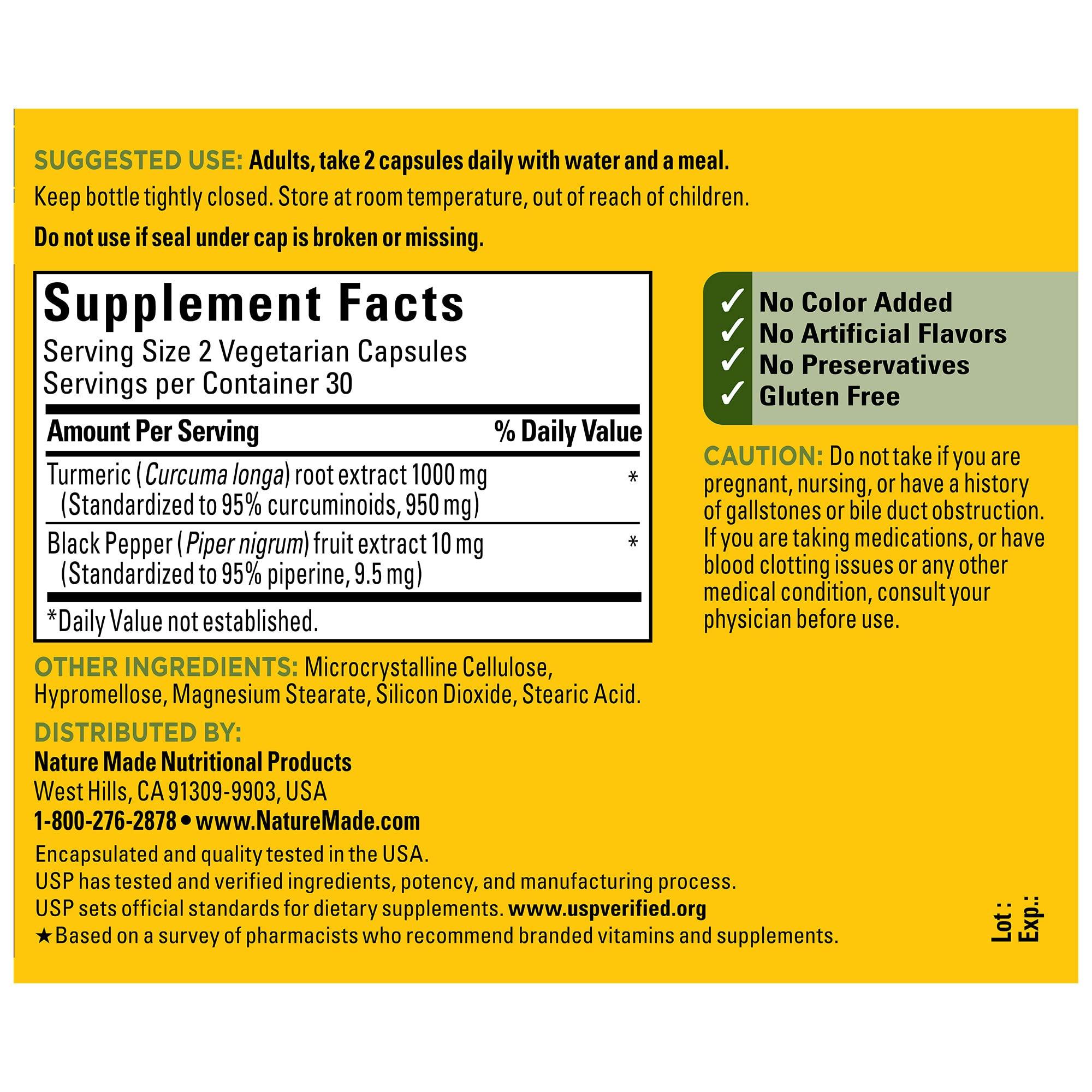 Nature Made Nature Made Extra Strength Turmeric Curcumin with Black Pepper, 1000mg extract (950mg Curcuminoids) per serving, Supports Healthy Inflammation Response, 60 Vegetarian Capsules, 30 Day Supply